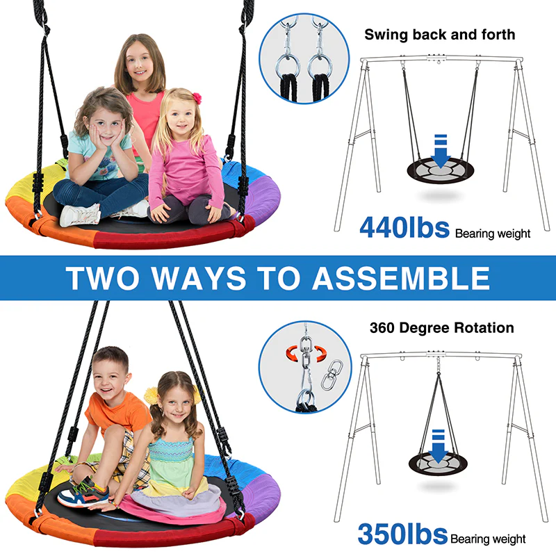 Metal A-frame Swing Sets with 40 Rainbow PVC Coated Saucer Swing for Kids Adults Playsets