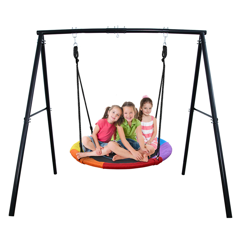 Metal A-frame Swing Sets with 40 Rainbow PVC Coated Saucer Swing for Kids Adults Playsets