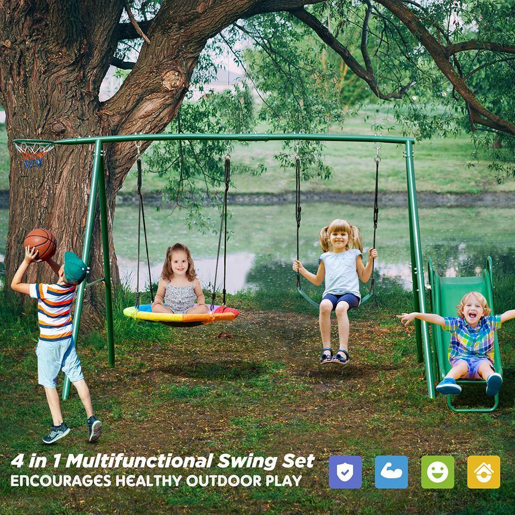 Metal Swing Set with Slide for Backyard Garden Park Complete Kids Playground