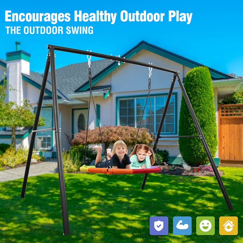 Metal A-frame Swing Sets with 40 Rainbow PVC Coated Saucer Swing for Kids Adults Playsets