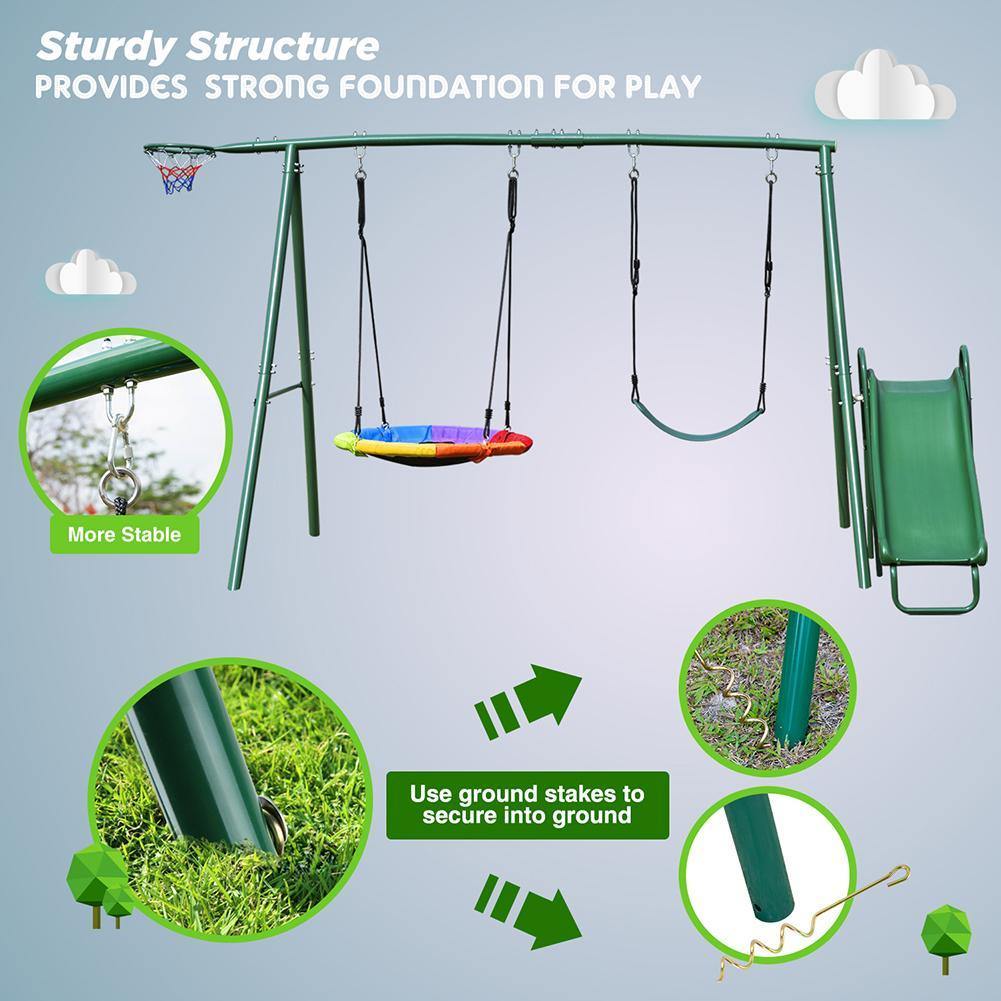 Metal Swing Set with Slide for Backyard Garden Park Complete Kids Playground