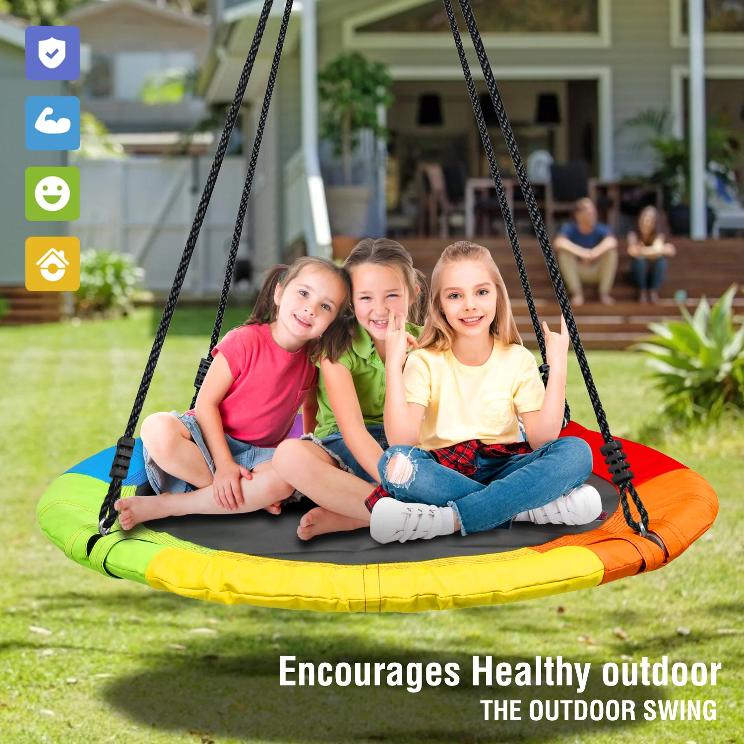 Metal A-frame Swing Sets with 40 Rainbow PVC Coated Saucer Swing for Kids Adults Playsets