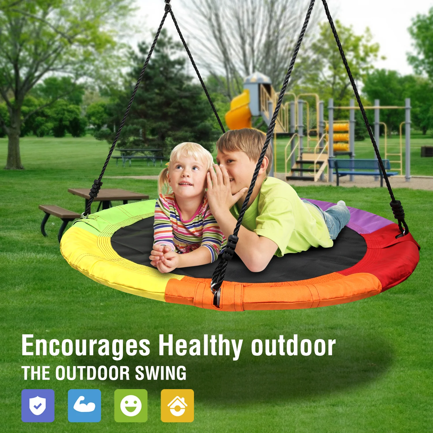 Metal A-frame Swing Sets with 40 Rainbow PVC Coated Saucer Swing for Kids Adults Playsets