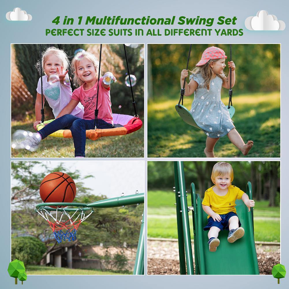 Metal Swing Set with Slide for Backyard Garden Park Complete Kids Playground