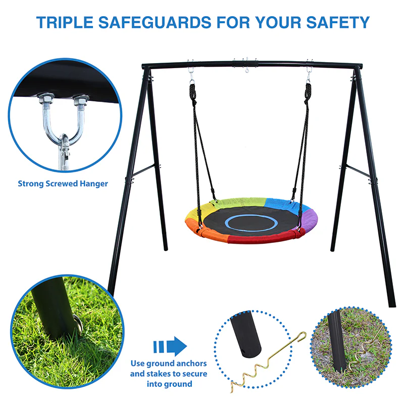 Metal A-frame Swing Sets with 40 Rainbow PVC Coated Saucer Swing for Kids Adults Playsets