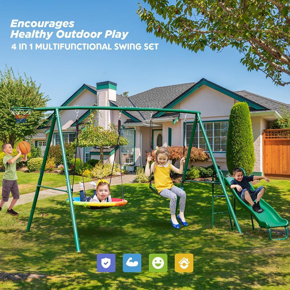 Metal Swing Set with Slide for Backyard Garden Park Complete Kids Playground