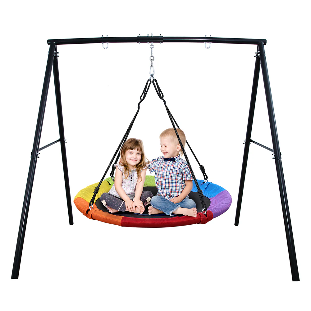 Metal A-frame Swing Sets with 40 Rainbow PVC Coated Saucer Swing for Kids Adults Playsets
