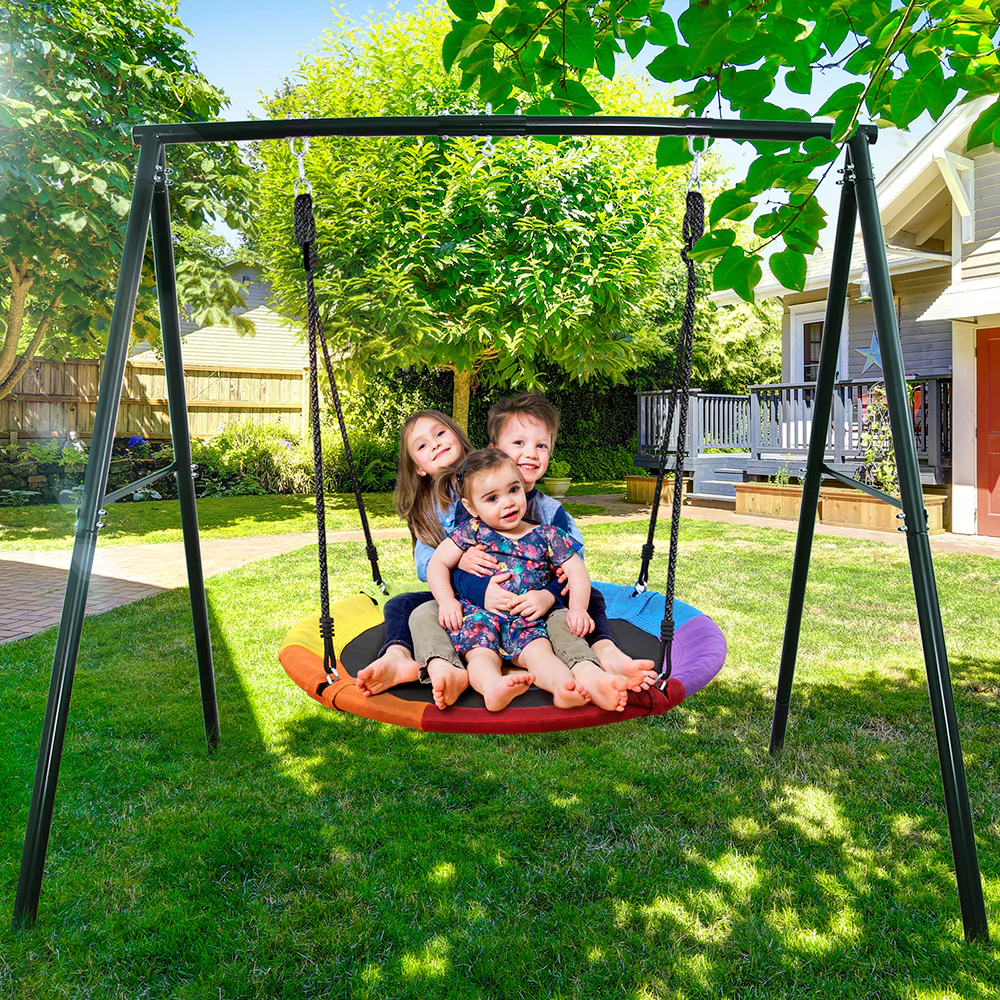 Metal A-frame Swing Sets with 40 Rainbow PVC Coated Saucer Swing for Kids Adults Playsets