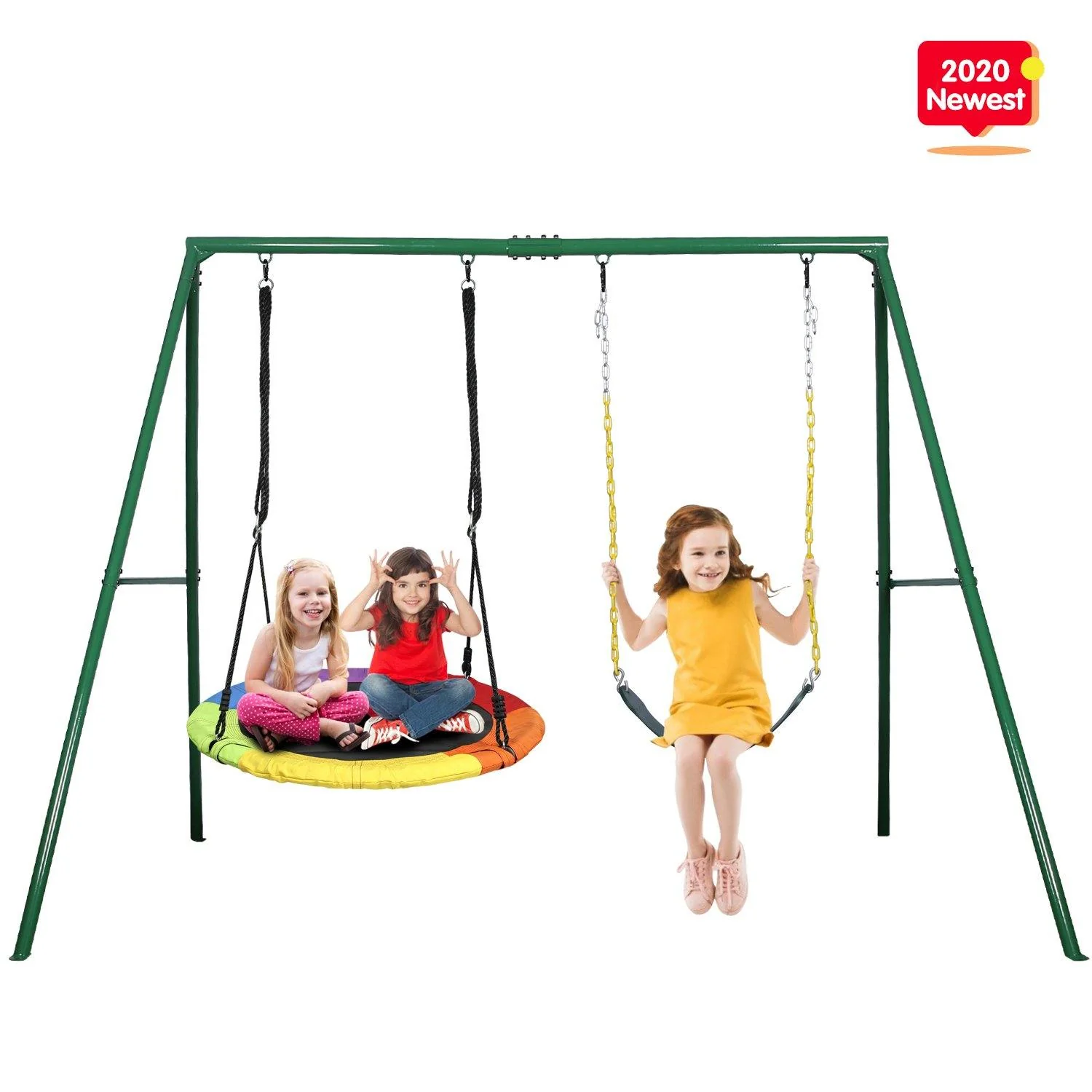 Heavy Duty Metal Swingset with 1 Saucer Tree Swing and 1 Belt Swing Outdoor Backyard