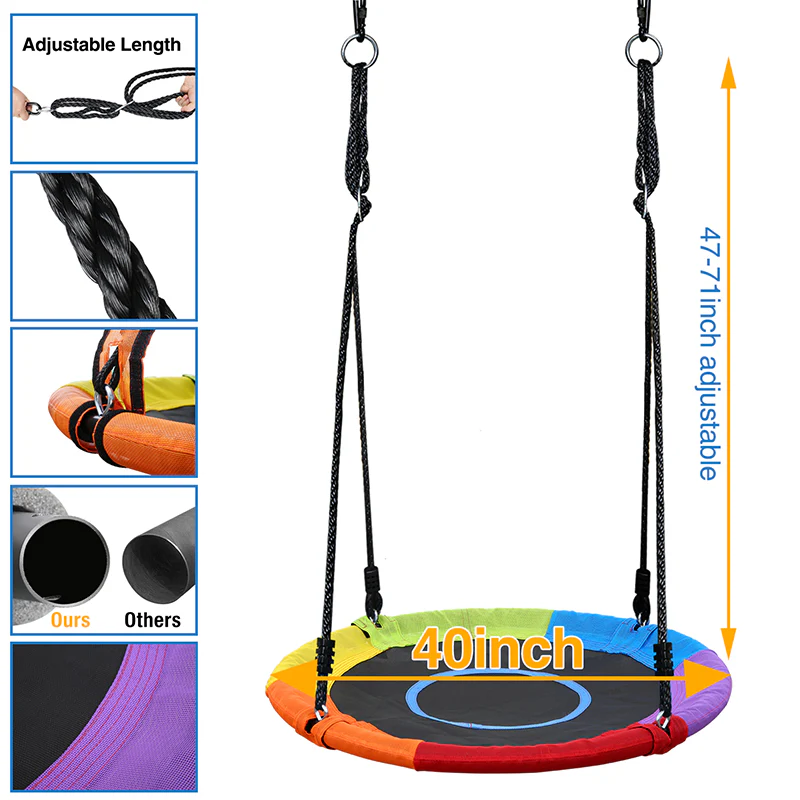 Metal A-frame Swing Sets with 40 Rainbow PVC Coated Saucer Swing for Kids Adults Playsets