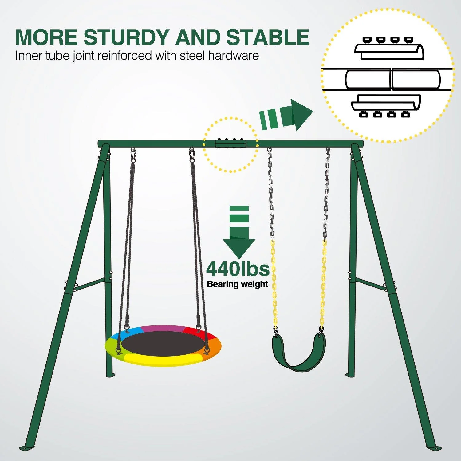 Heavy Duty Metal Swingset with 1 Saucer Tree Swing and 1 Belt Swing Outdoor Backyard