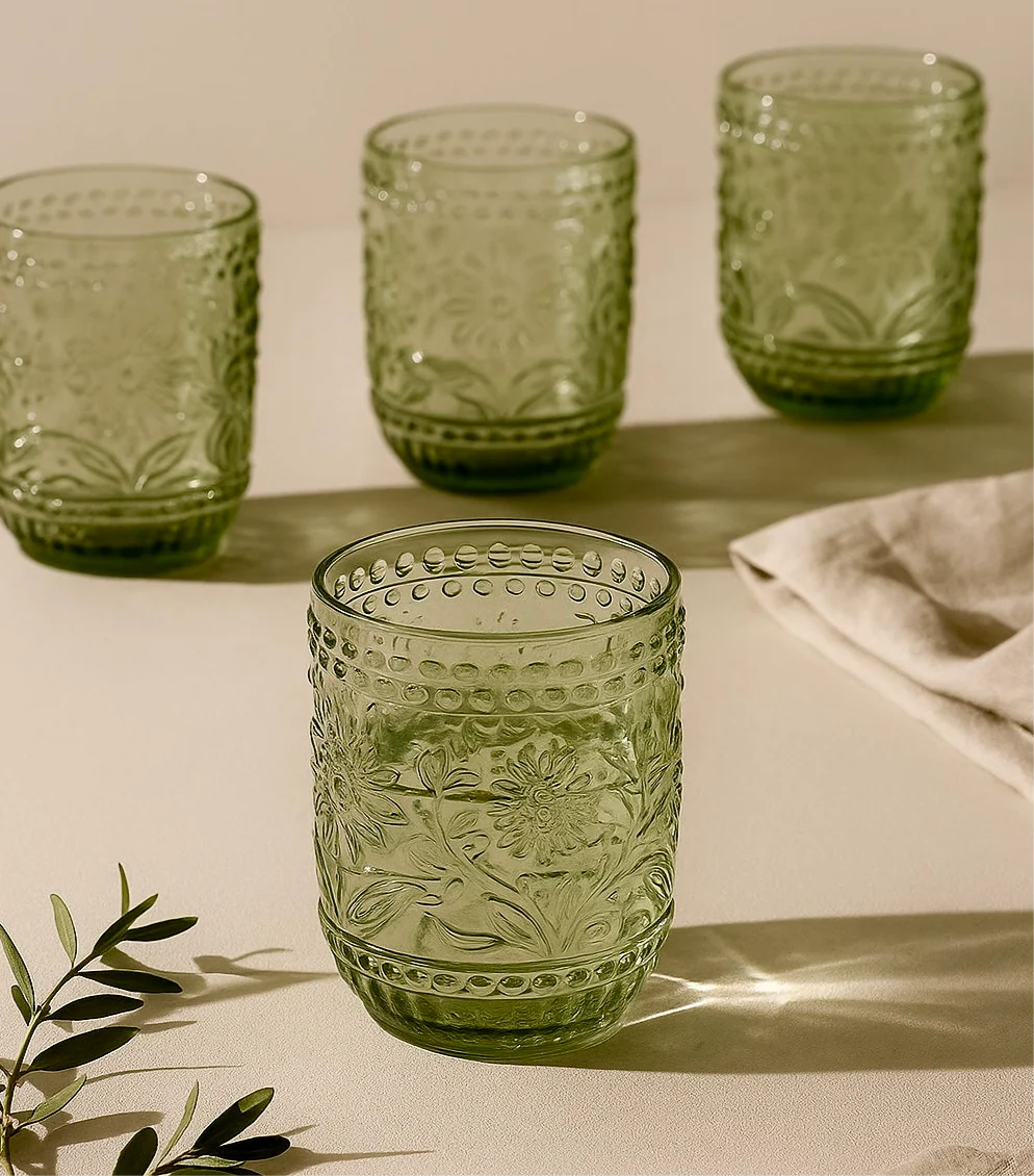 Petra Embossed Drinking Glasses, Green, Set of 4