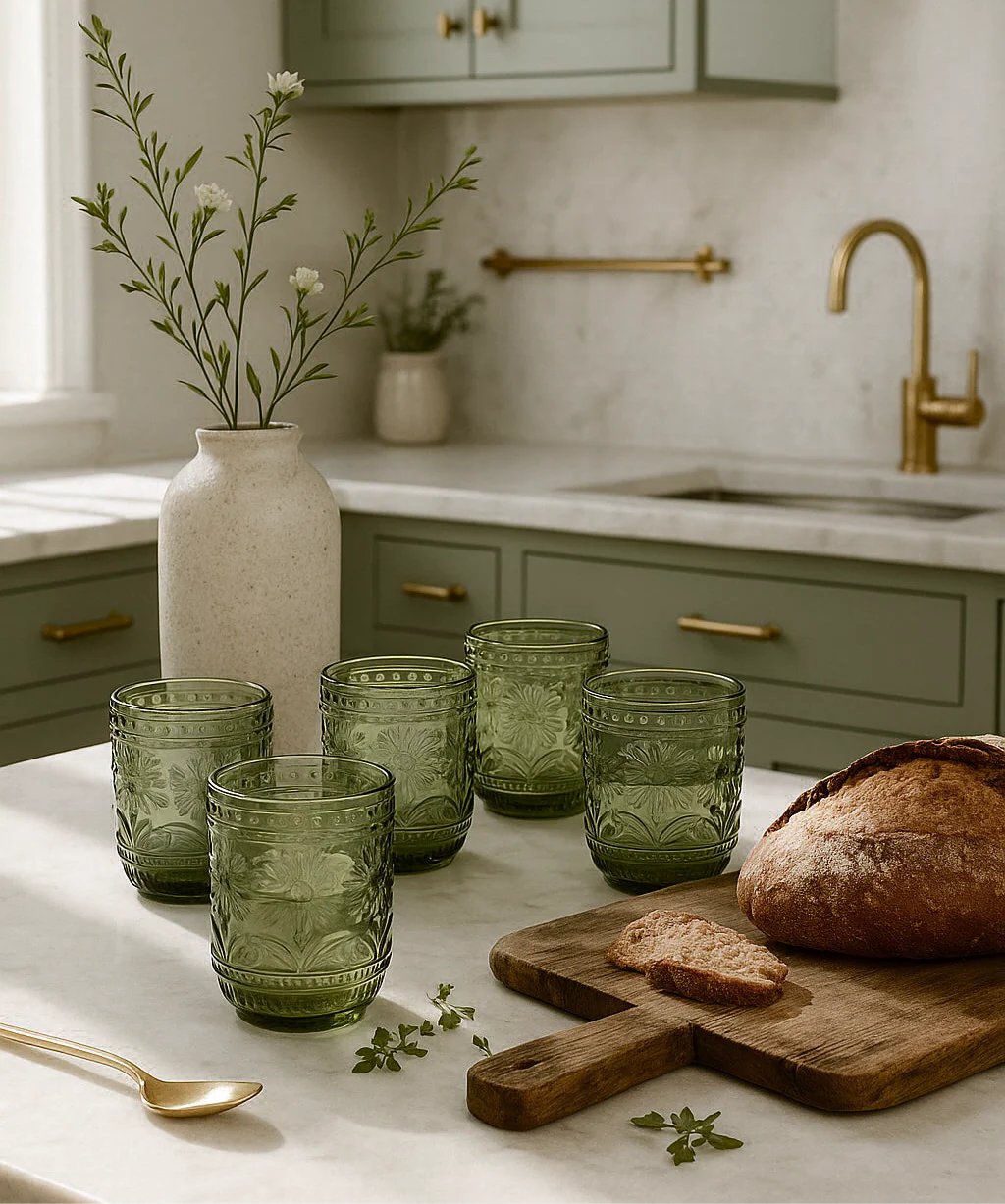 Petra Embossed Drinking Glasses, Green, Set of 4