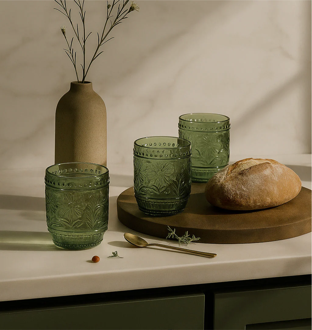 Petra Embossed Drinking Glasses, Green, Set of 4