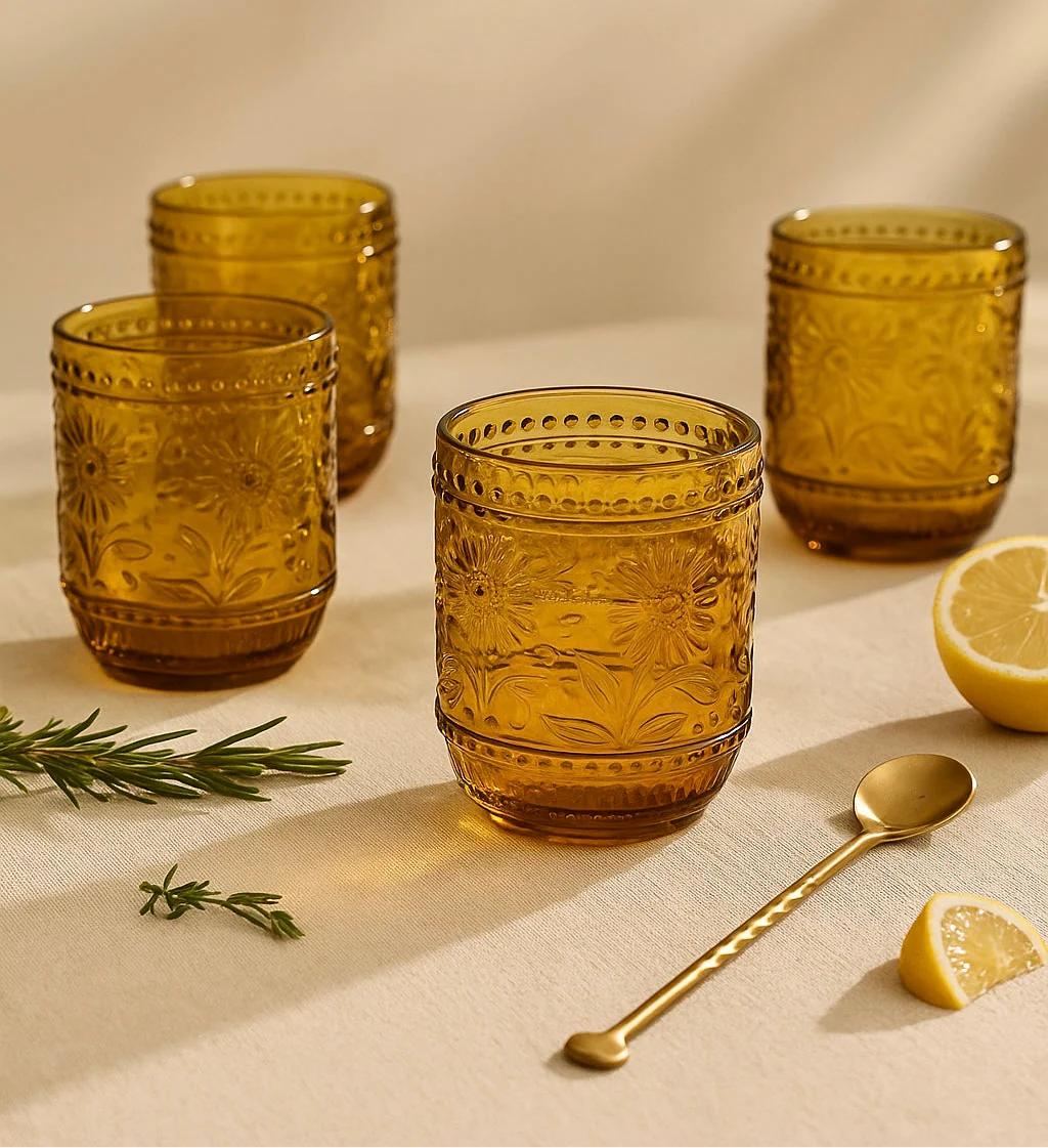 Petra Embossed Drinking Glasses, Amber, Set of 4