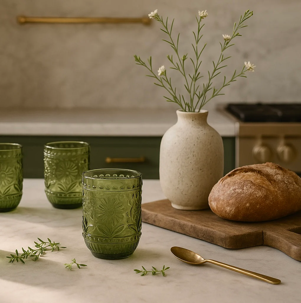 Petra Embossed Drinking Glasses, Green, Set of 4