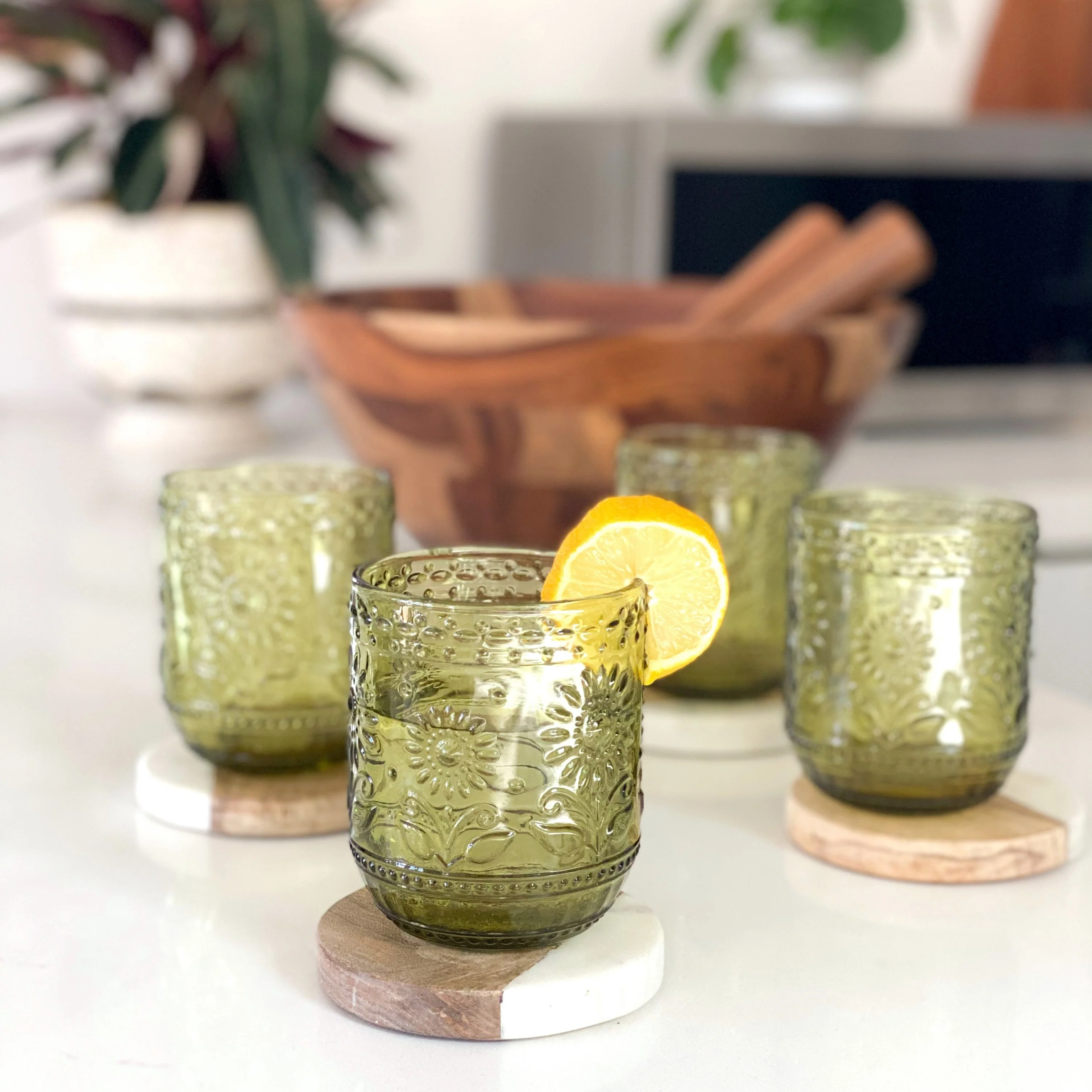 Petra Embossed Drinking Glasses, Green, Set of 4