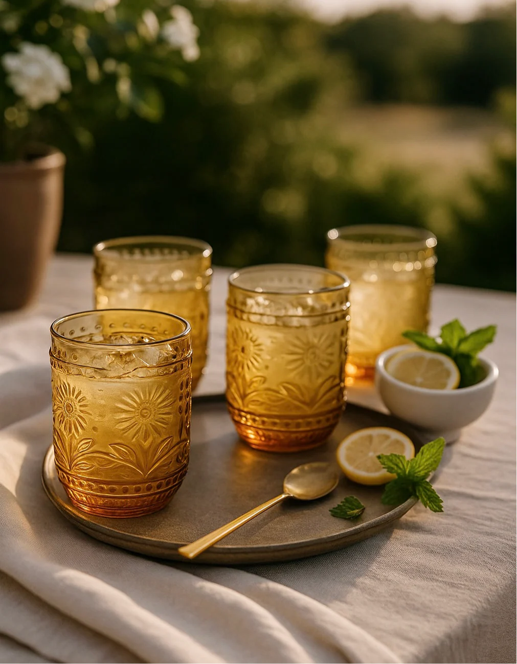 Petra Embossed Drinking Glasses, Amber, Set of 4