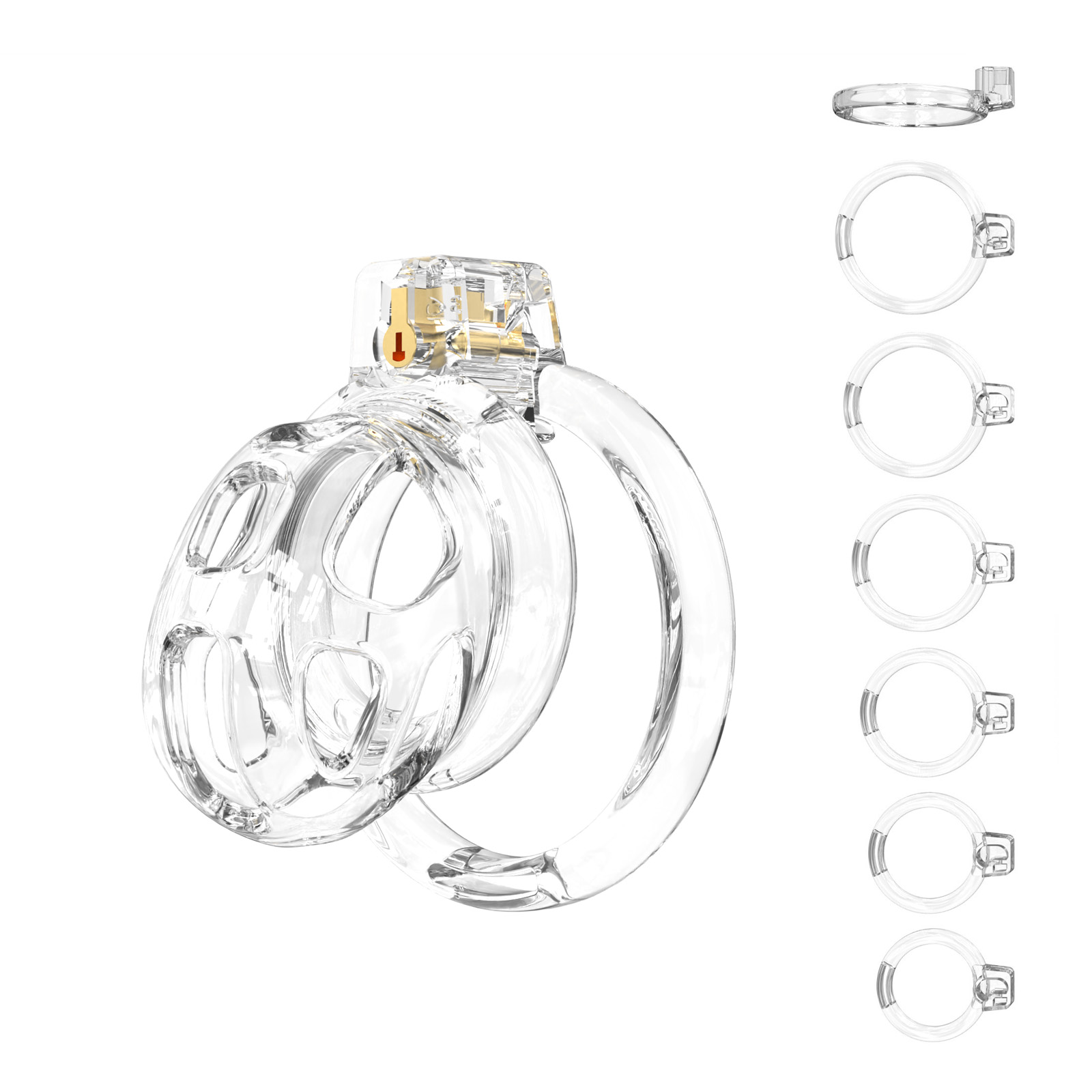 Small Size Transparent Male Chastity Cage with 6 Adjustable Rings – A breathable and secure TPE chastity device designed for comfort and long-term wear.