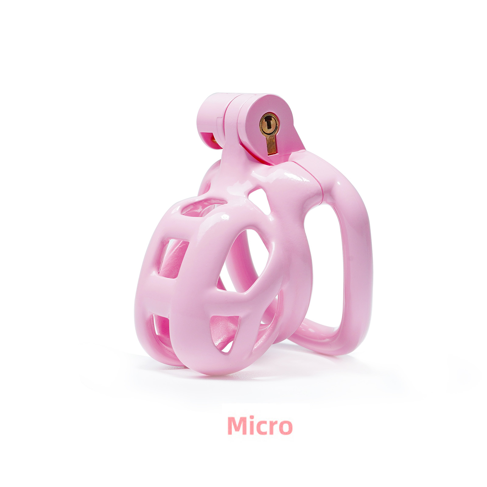 Close-up view of a pink Male Chastity Cage with Lock & 5 Rings, showcasing its design and pink color