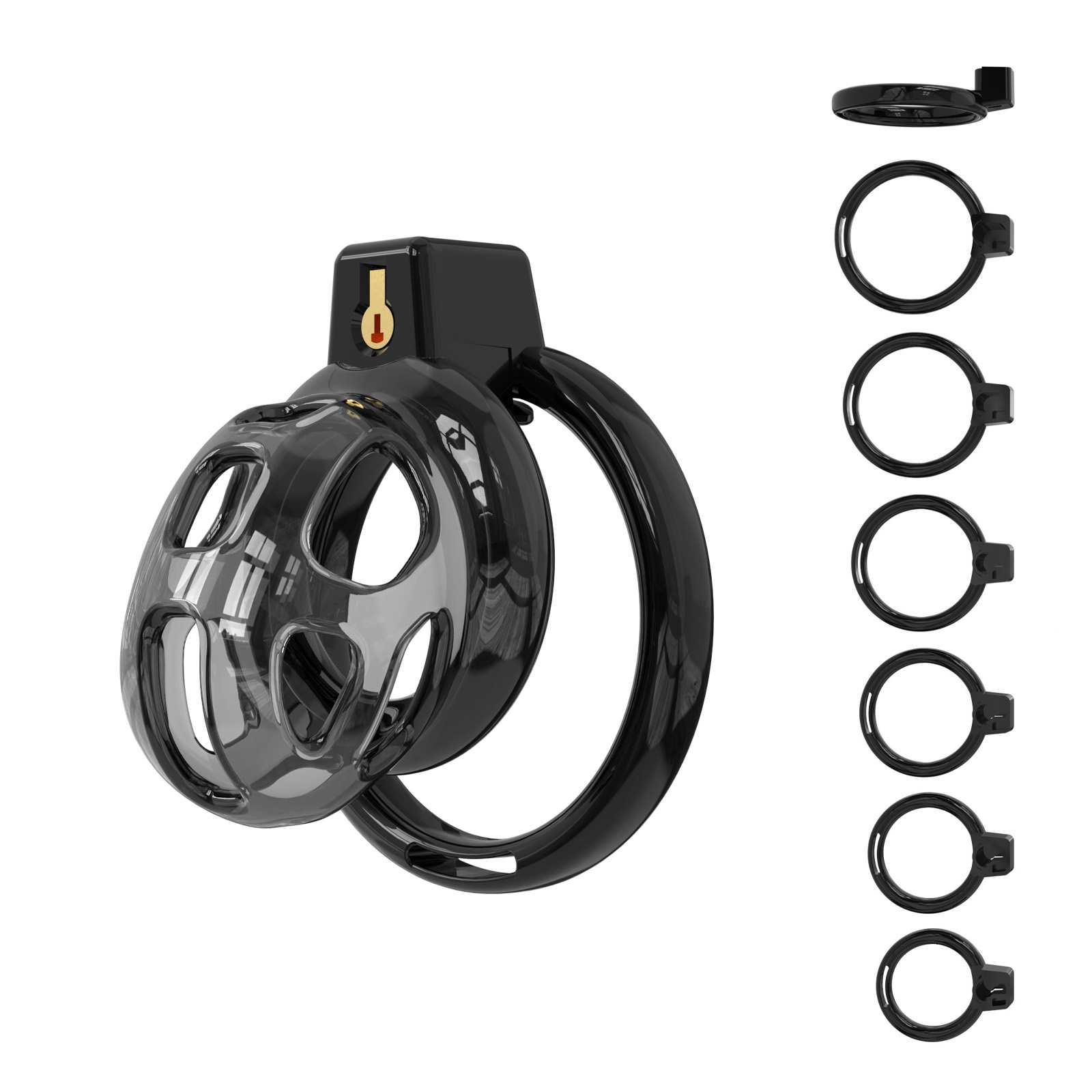 Small Black Male Chastity Cage with 6 Adjustable Rings – Secure & Breathable Design – A lightweight and comfortable TPE chastity device for long-term wear.