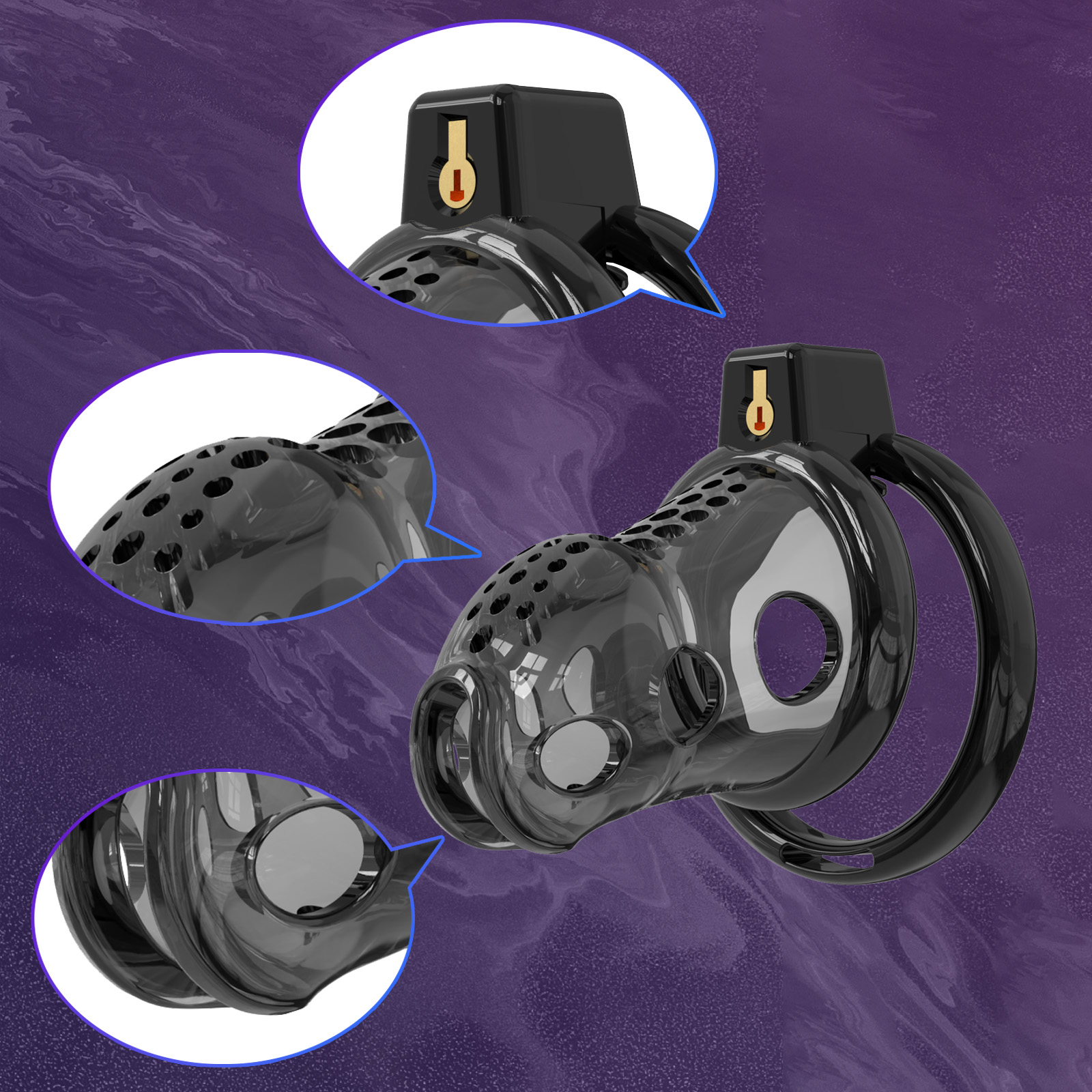 Black Male Chastity Cage with 6 size rings, displayed as part of the product selection