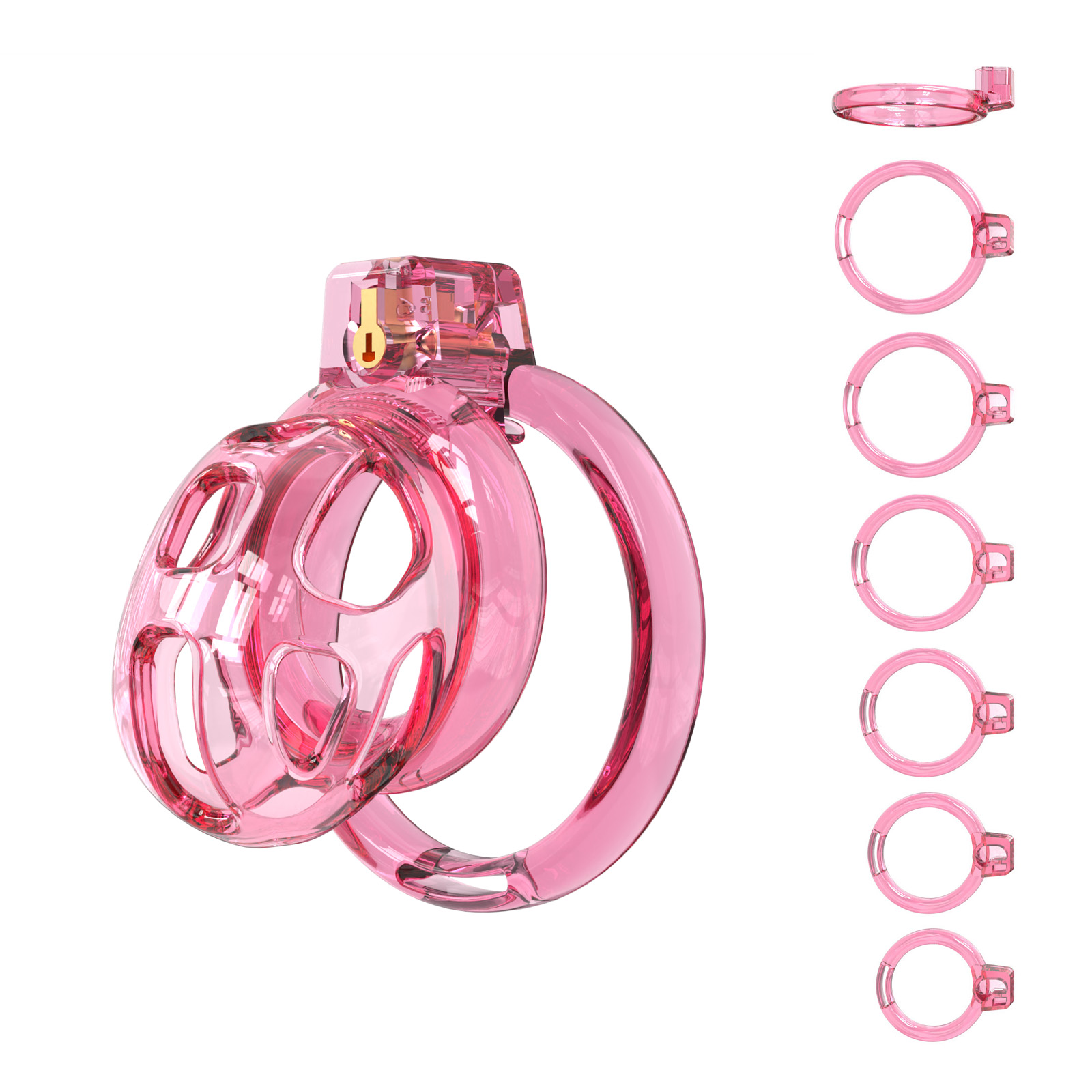 Small Pink Male Chastity Cage with 6 Adjustable Rings – Secure & Breathable Design – A lightweight and comfortable TPE chastity device for long-term wear.