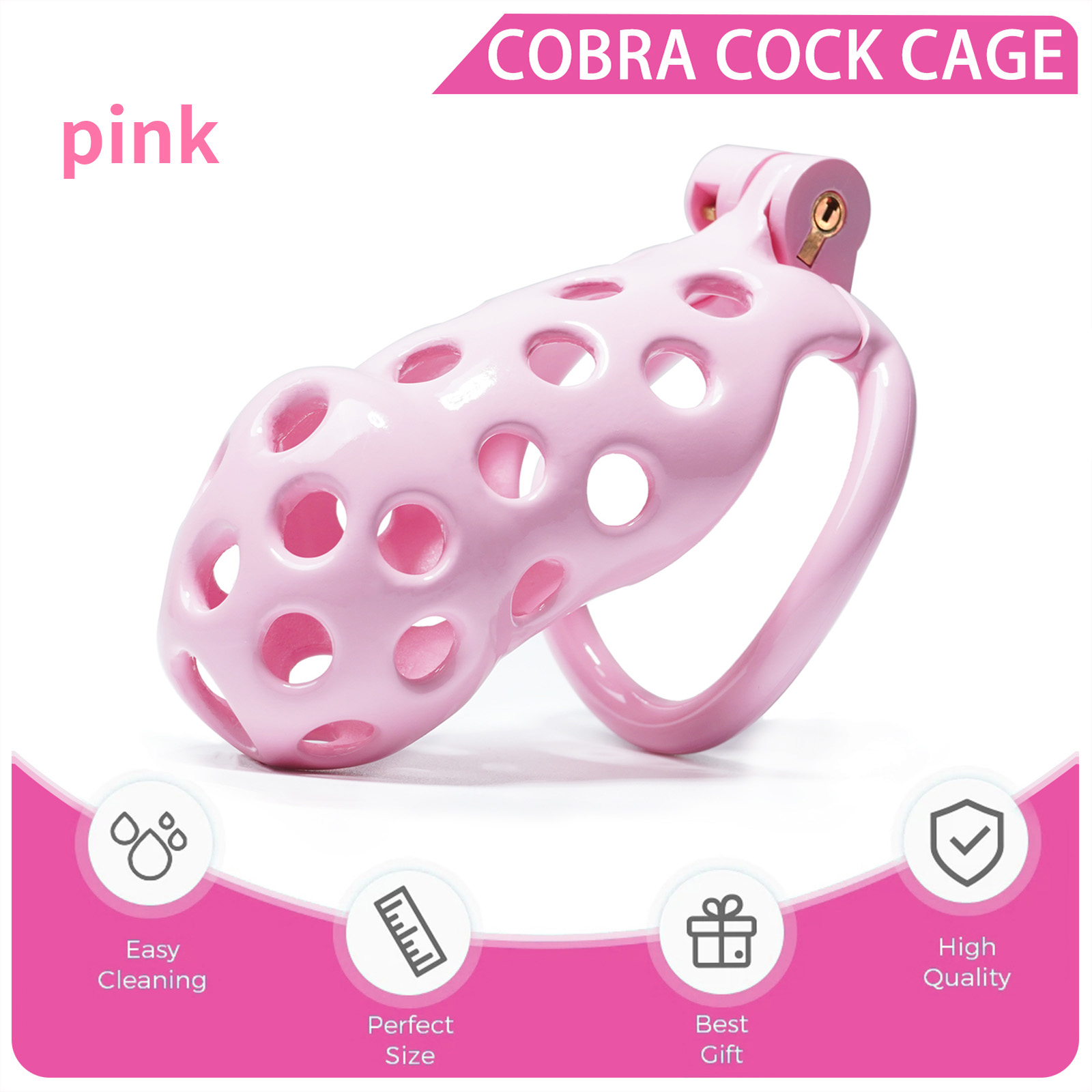 Pink 3D Printed Male Chastity Cage with 5 Rings