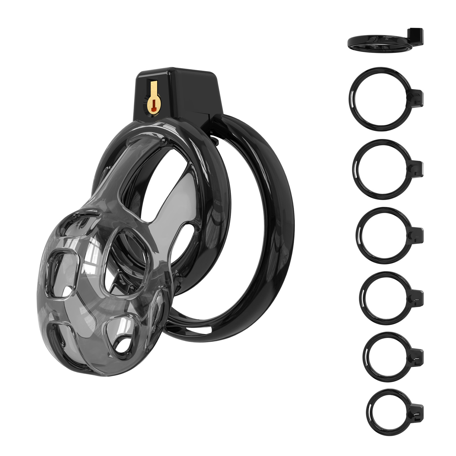 Black Male Chastity Cage with 6 Adjustable Rings – Secure & Breathable Design – A lightweight and comfortable TPE chastity device for long-term wear.
