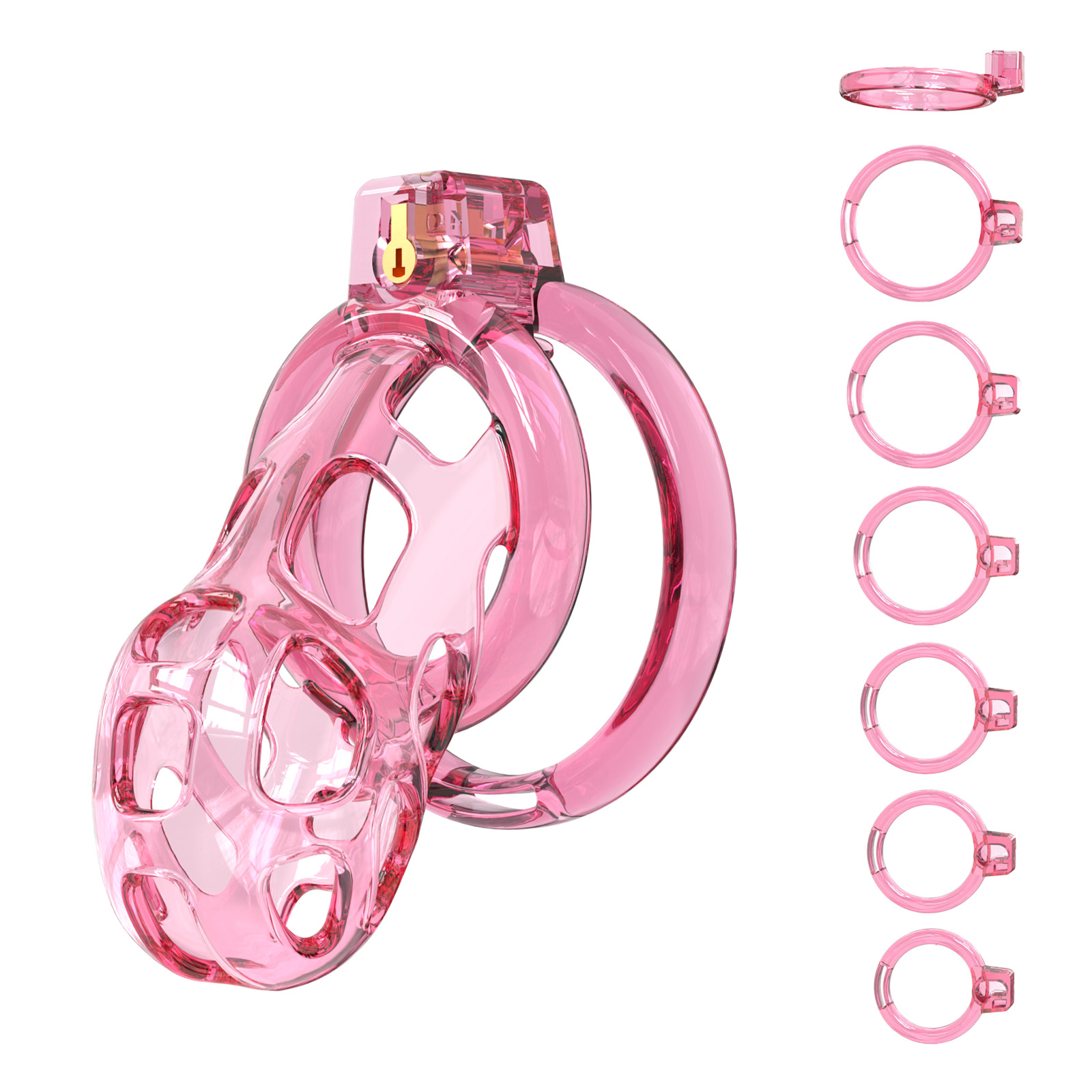 Pink Male Chastity Cage with 6 Adjustable Rings – Secure & Breathable Design – A lightweight and comfortable TPE chastity device for long-term wear.
