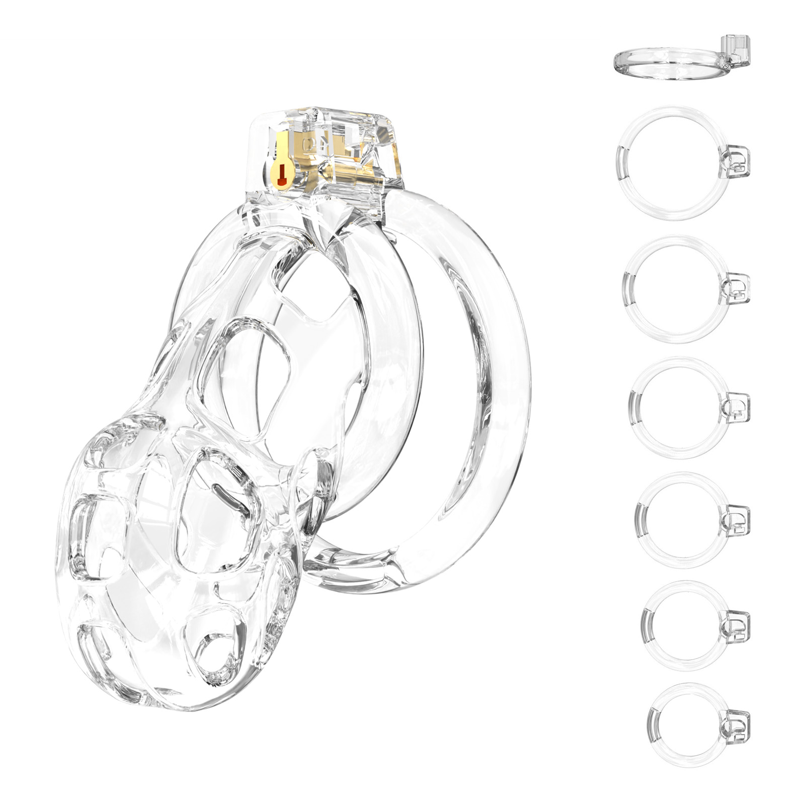 Transparent Male Chastity Cage with 6 Size Rings for Adjustable Fit – Lightweight TPE material with multiple ring sizes for a secure and comfortable experience.