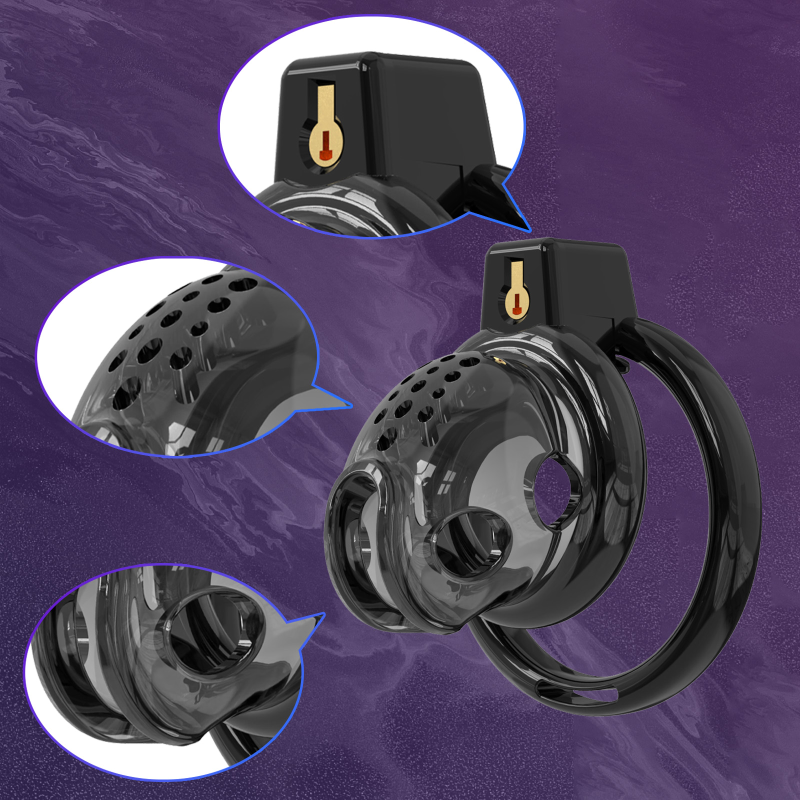 Black Male Chastity Cage with 6 size rings, displayed as part of the product selection