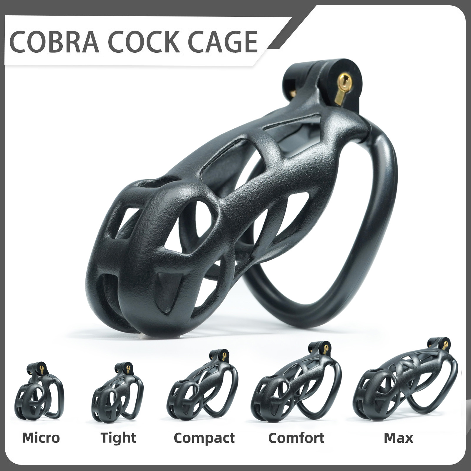 Close-up of Male Chastity Cage with Lock and 5 Rings, designed for men with a black resin finish.