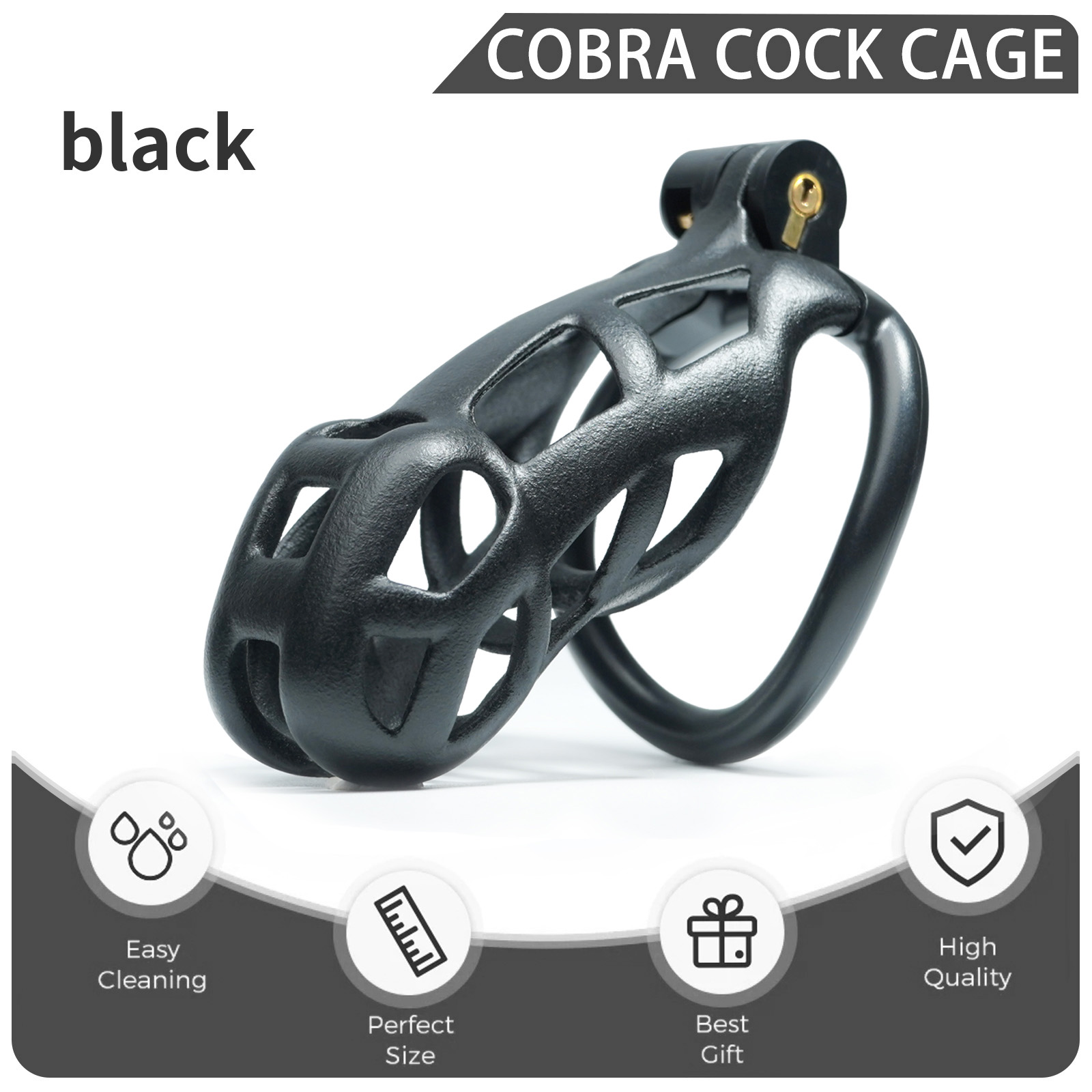 Male Chastity Cage with Lock & 5 Rings Resin Virginity for Men (Black) displayed on a product page.