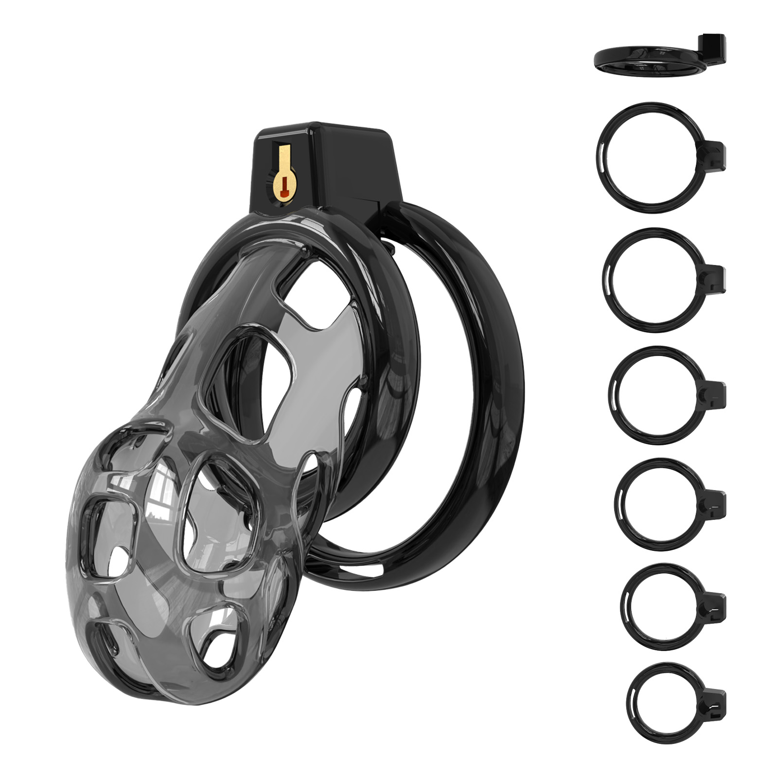 Black Male Chastity Cage with 6 Adjustable Rings – Secure & Breathable Design – A lightweight and comfortable TPE chastity device for long-term wear.