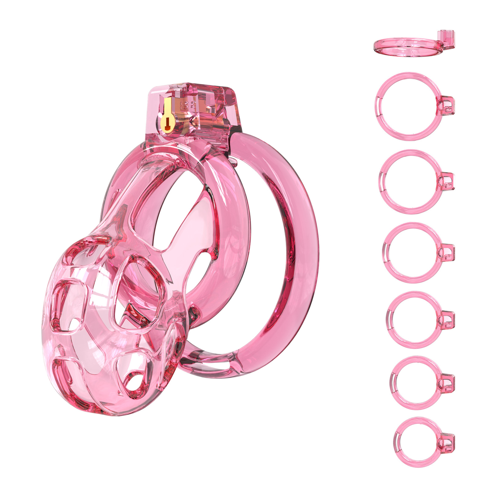Pink Male Chastity Cage with 6 Adjustable Rings – Secure & Breathable Design – A lightweight and comfortable TPE chastity device for long-term wear.