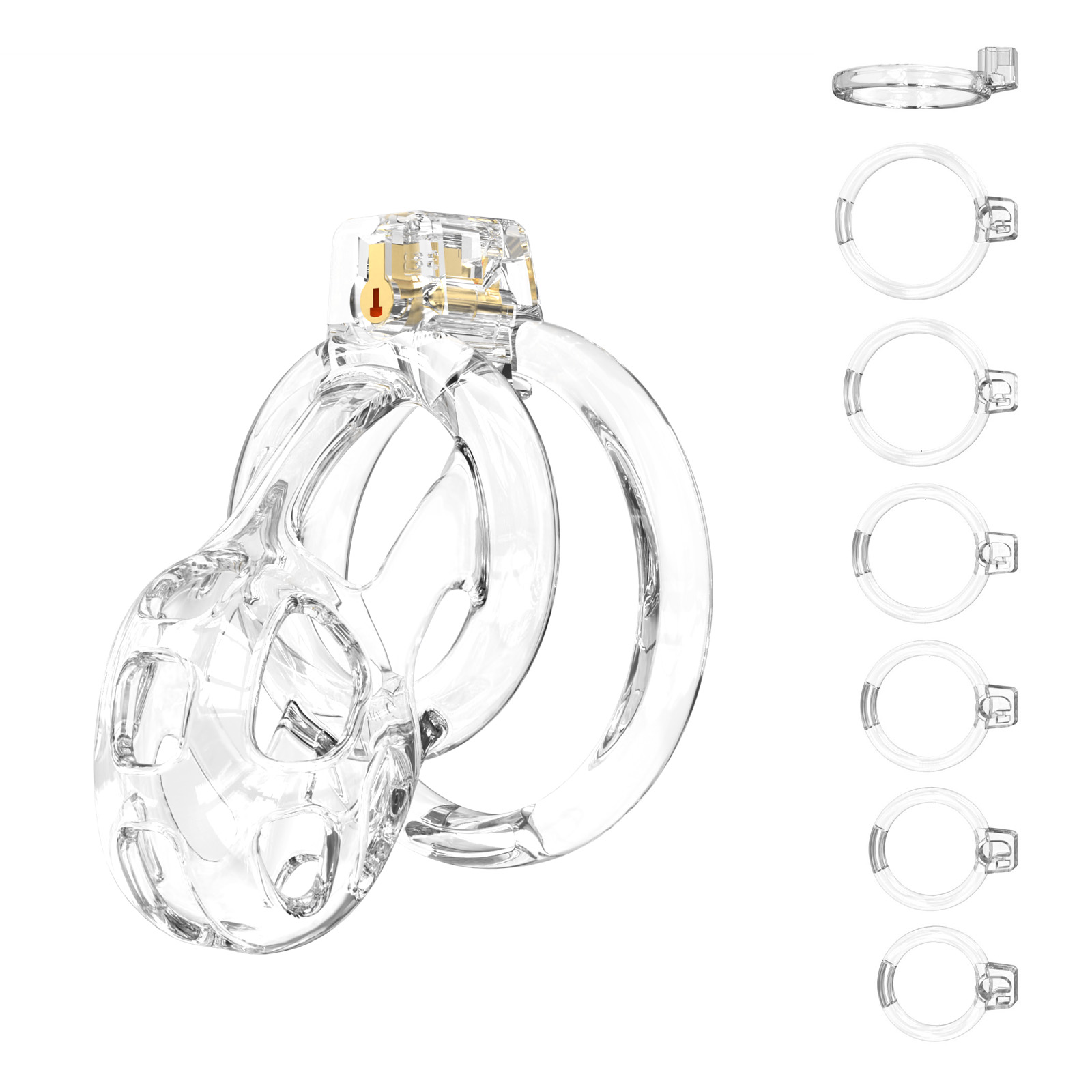 Lightweight Transparent Male Chastity Cage with 6 Adjustable Rings – A breathable and secure TPE chastity device designed for comfort and long-term wear.