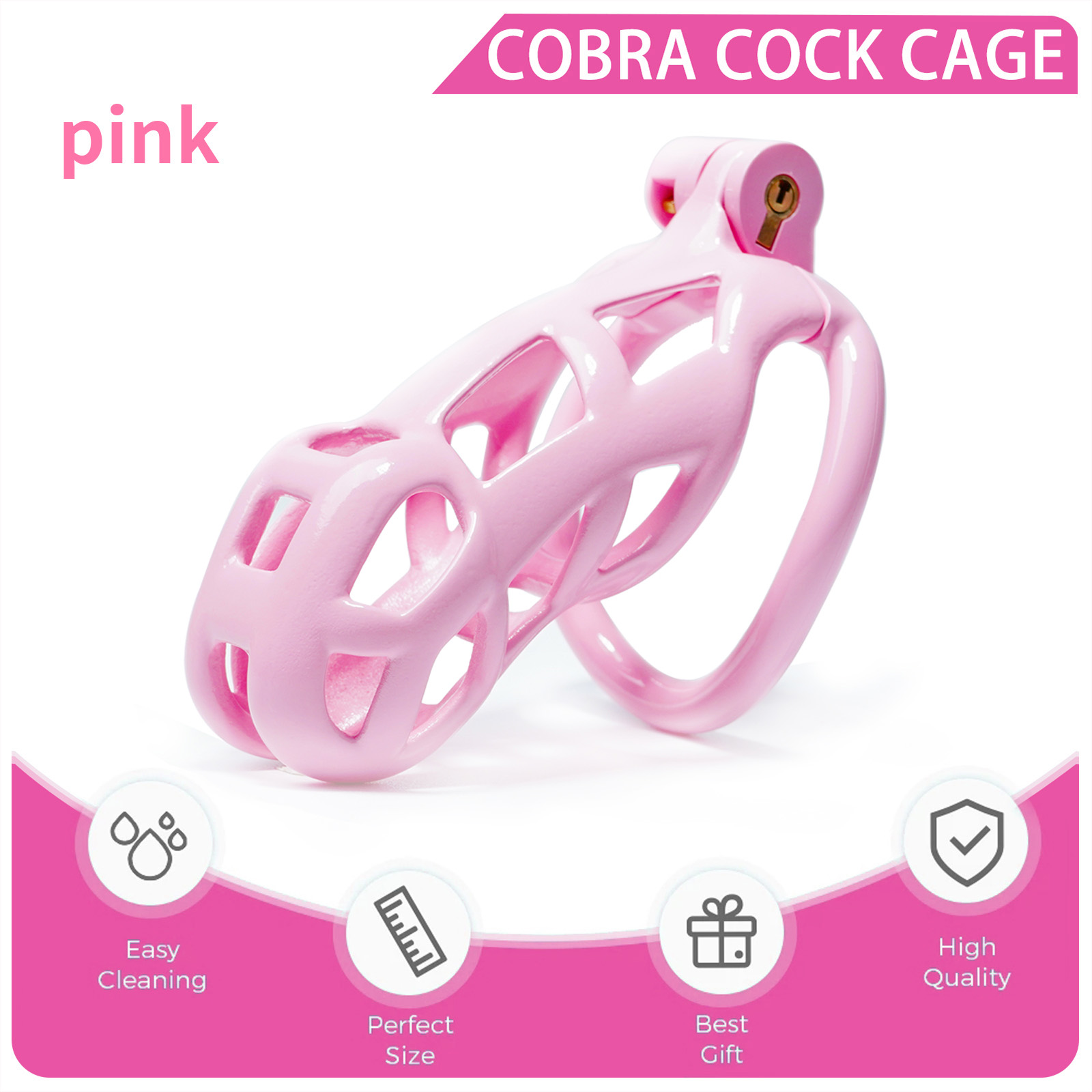 Pink Male Chastity Cage with Lock & 5 Rings, displayed as part of the product selection.