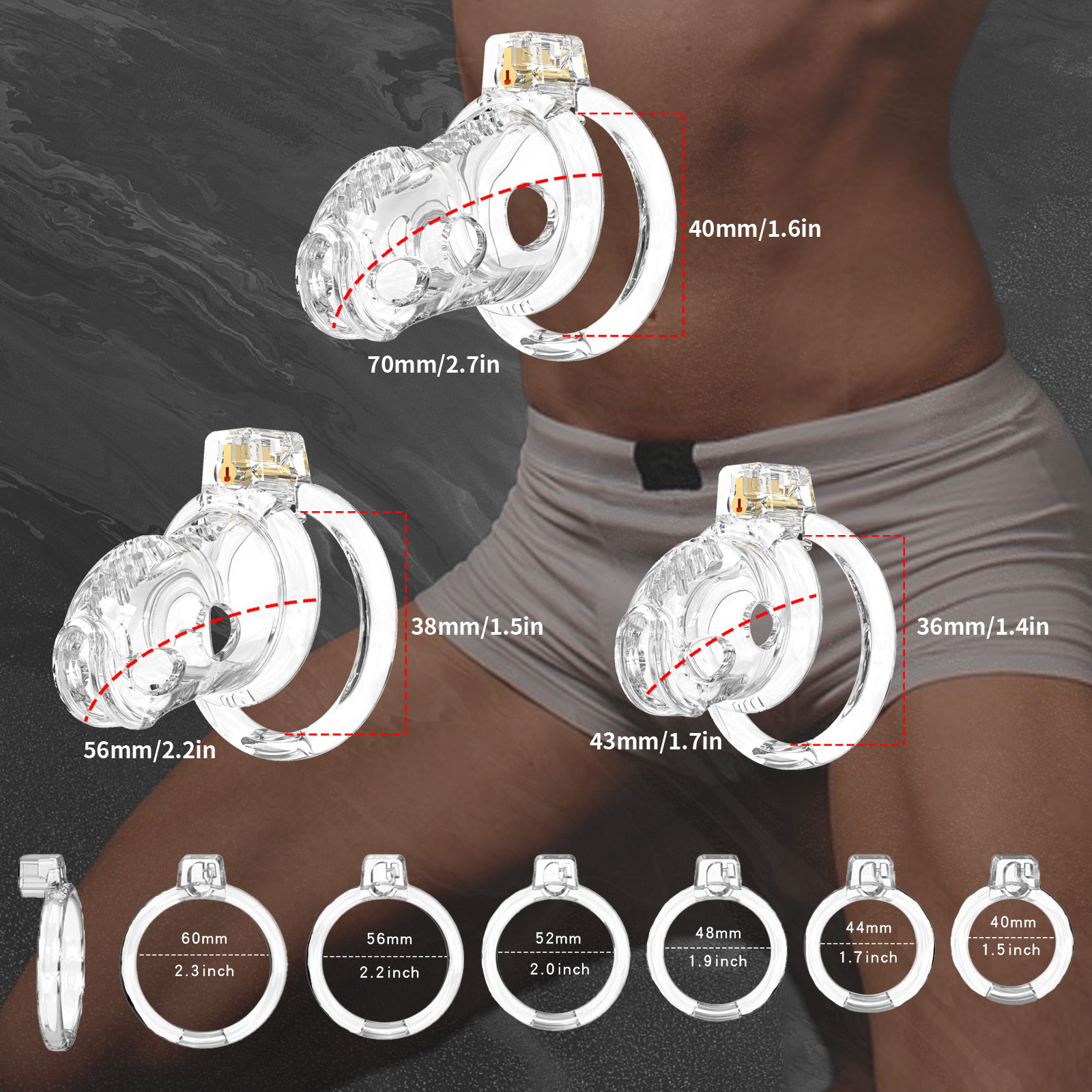 White Male Chastity Cage with 6 size rings displayed for product selection