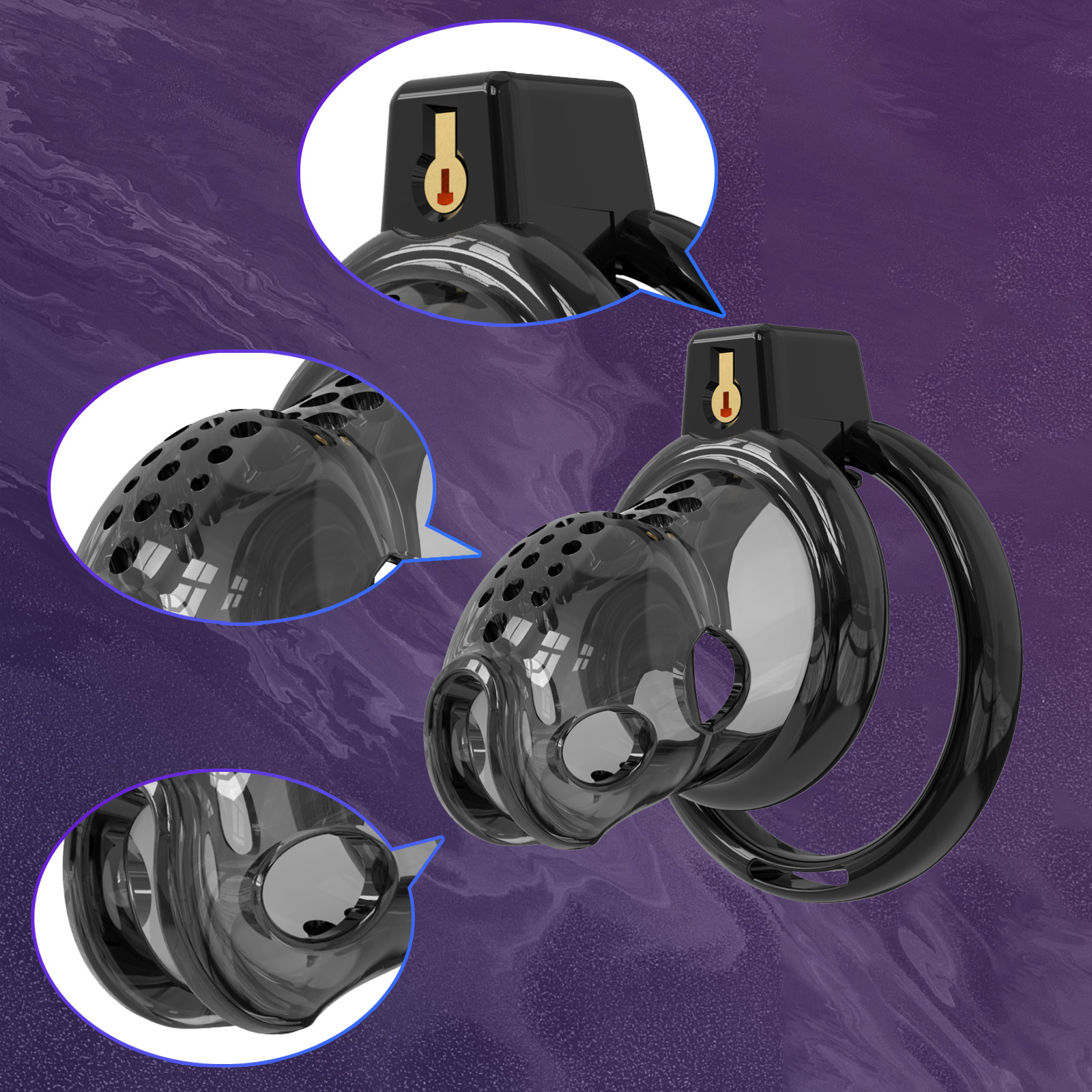 Black Male Chastity Cage with 6 size rings, displayed as part of the product selection