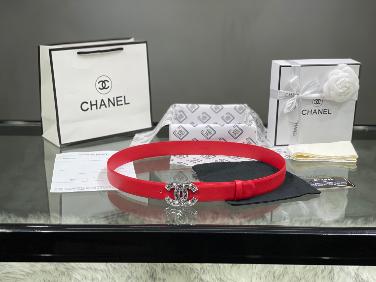 Chanel Red Patent Leather CC Logo Belt