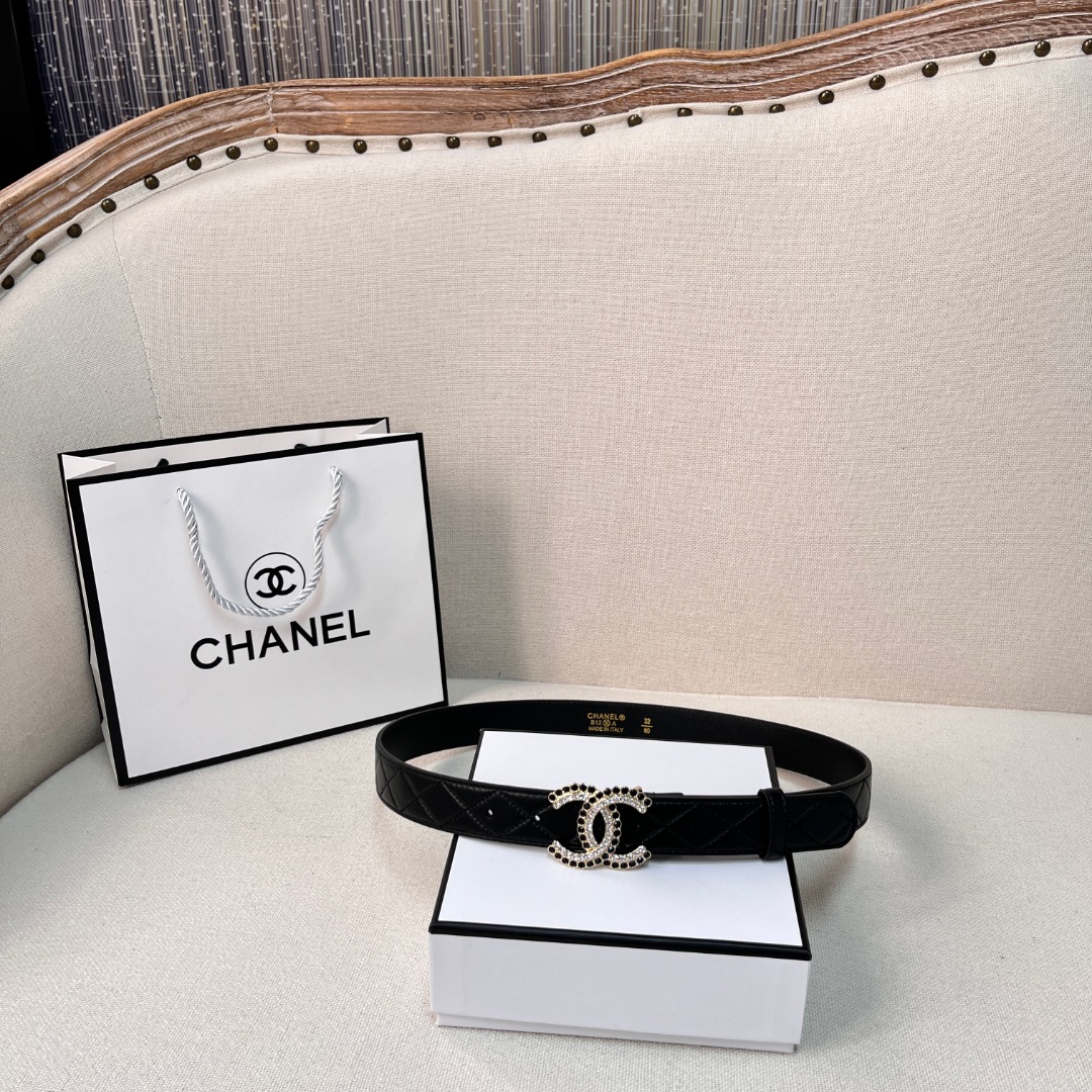 Chanel Gold Chain & Black Quilted Leather CC Belt