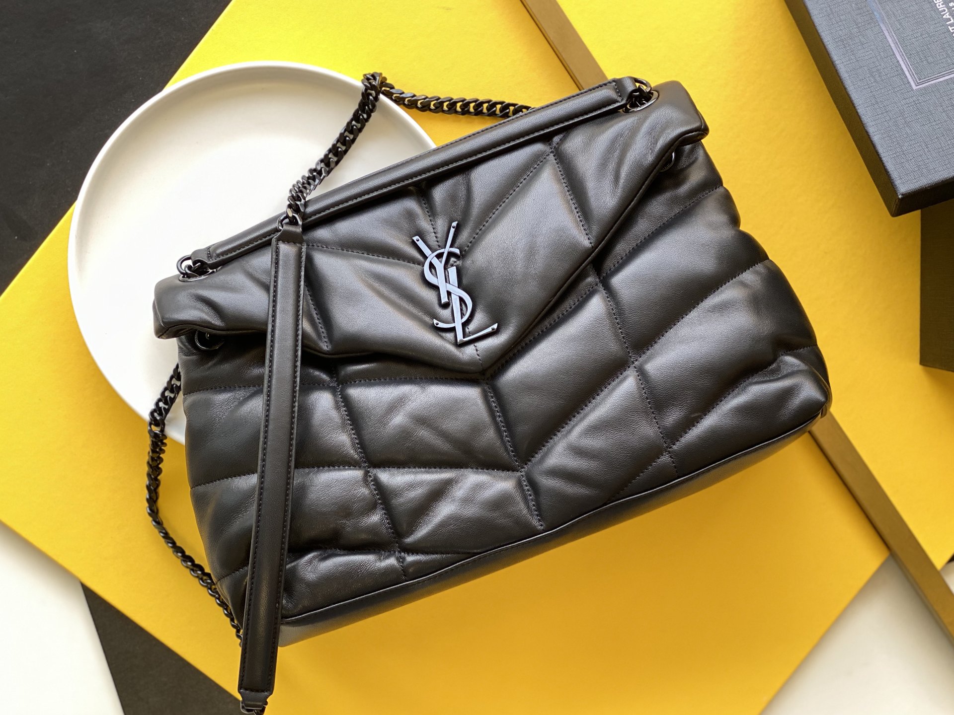 PUFFER MEDIUM CHAIN BAG IN DENIM AND SMOOTH LEATHER