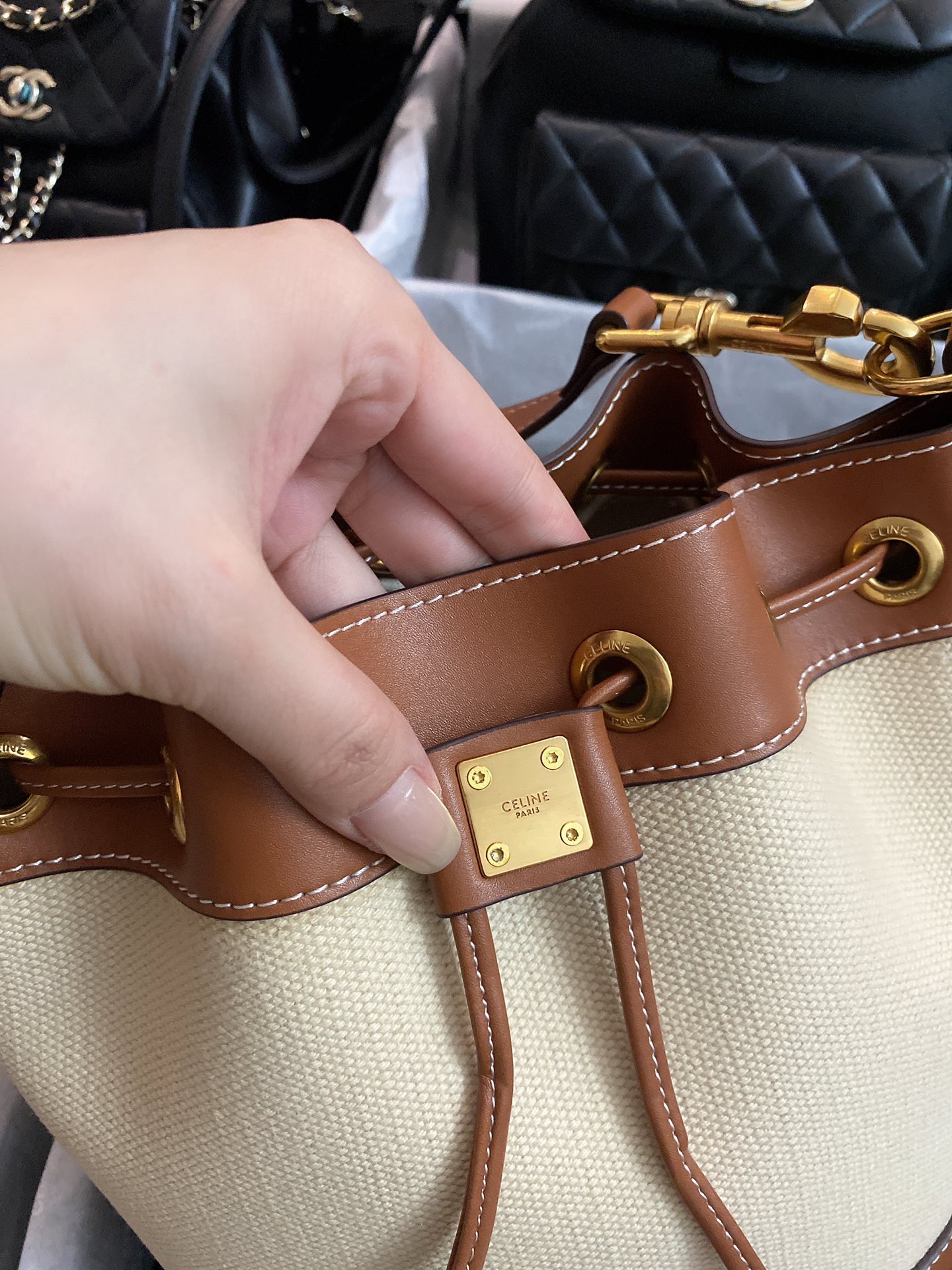 Small drawstring cabas marin in TEXTILE AND CALFSKIN