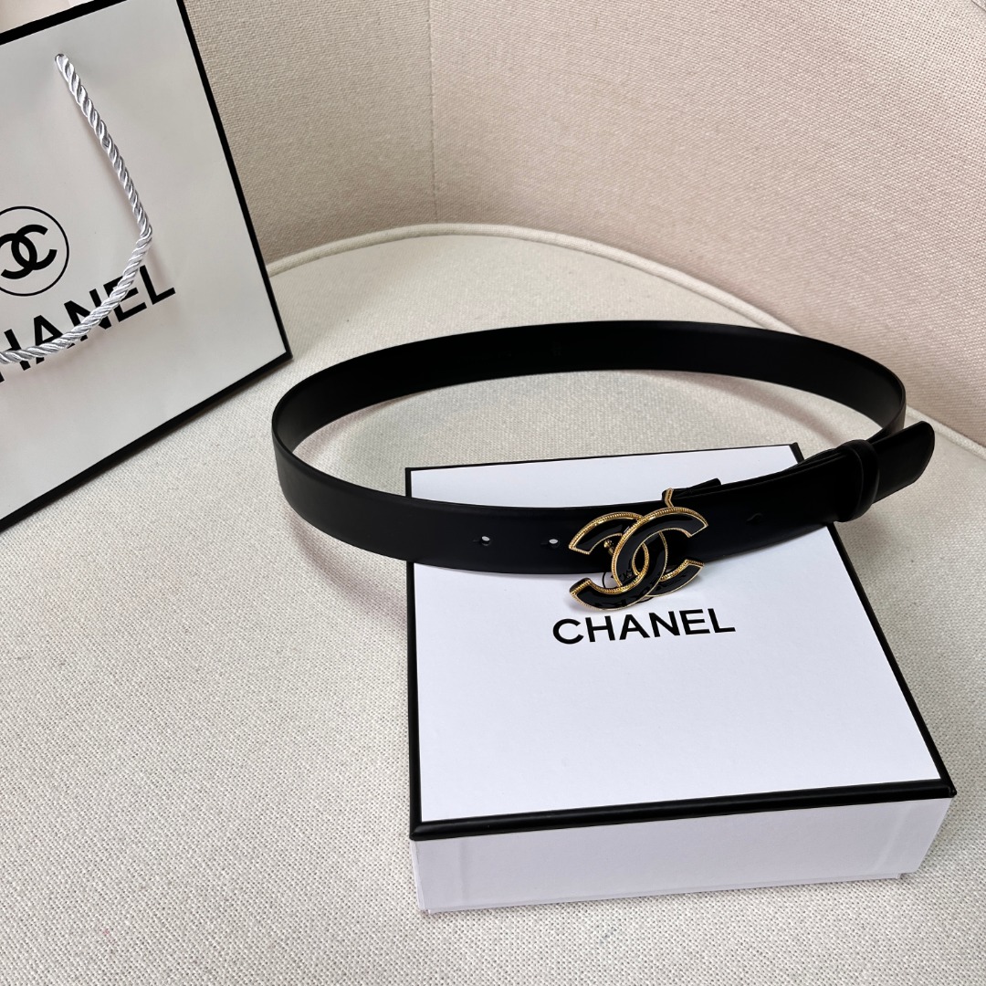 Black Quilted Leather CC Logo Belt