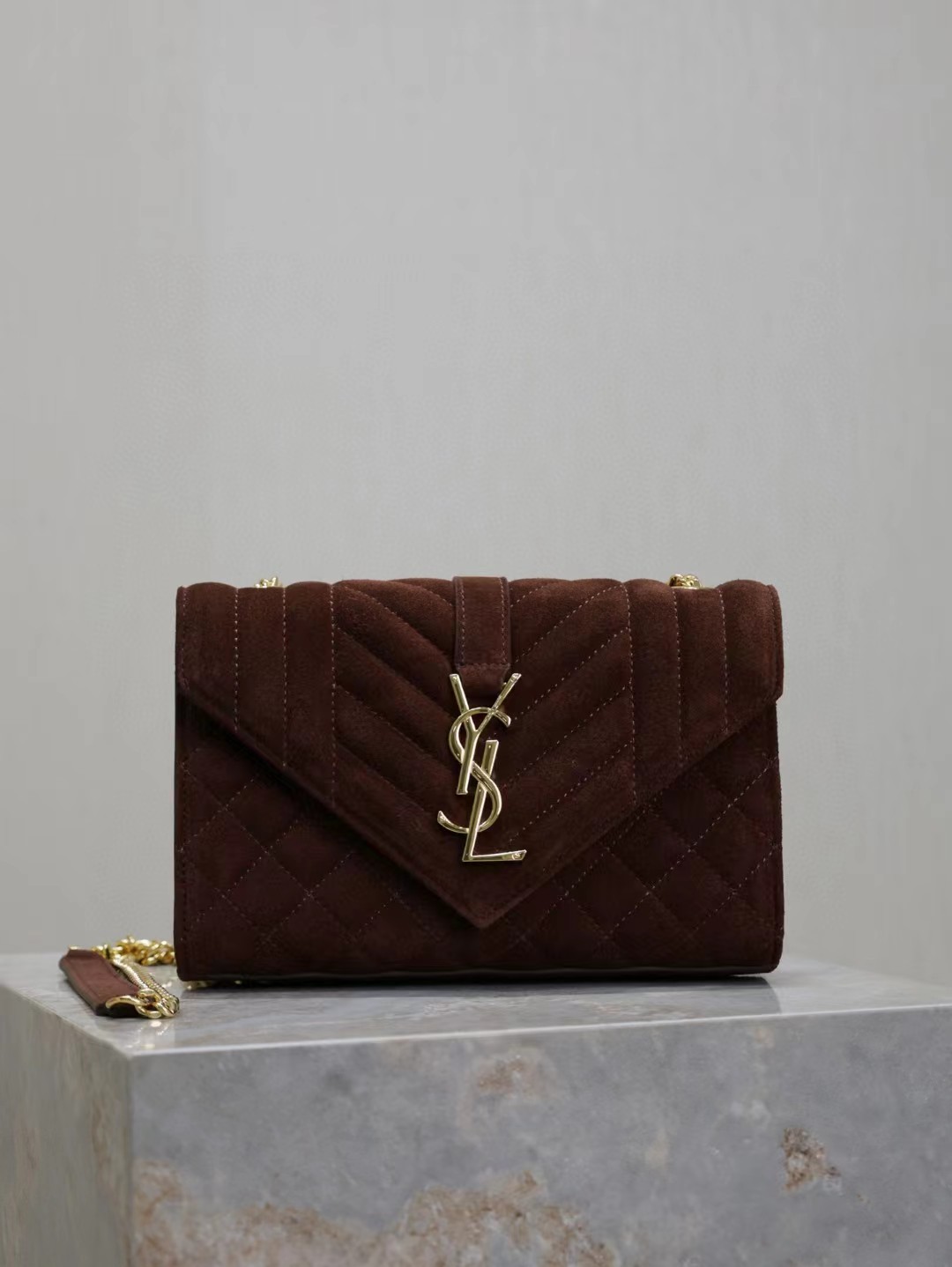 Saint Laurent Envelope Triquilt Small YSL Shoulder Bag in Suede