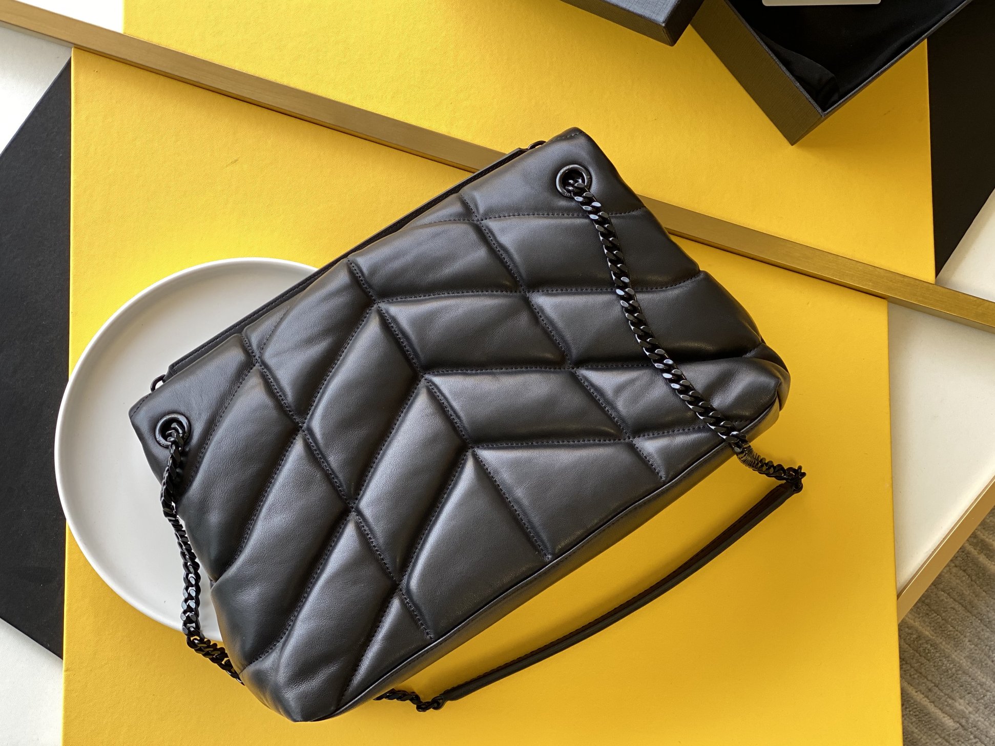 PUFFER MEDIUM CHAIN BAG IN DENIM AND SMOOTH LEATHER