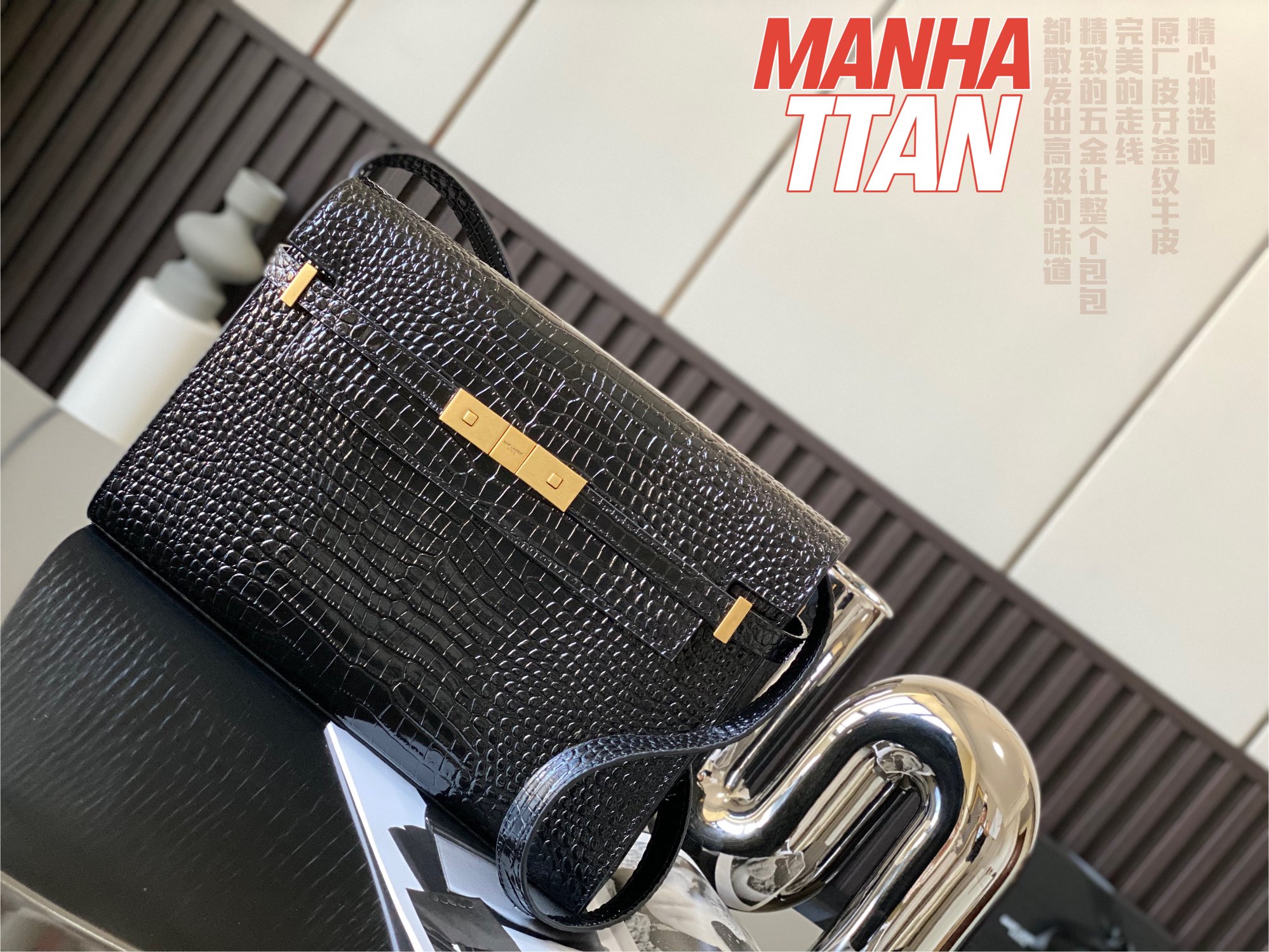 MANHATTAN SHOULDER BAG IN CROCODILE-EMBOSSED SHINY LEATHER