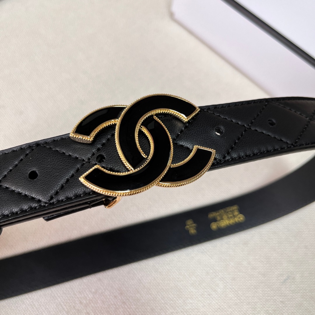 Black Quilted Leather CC Logo Belt