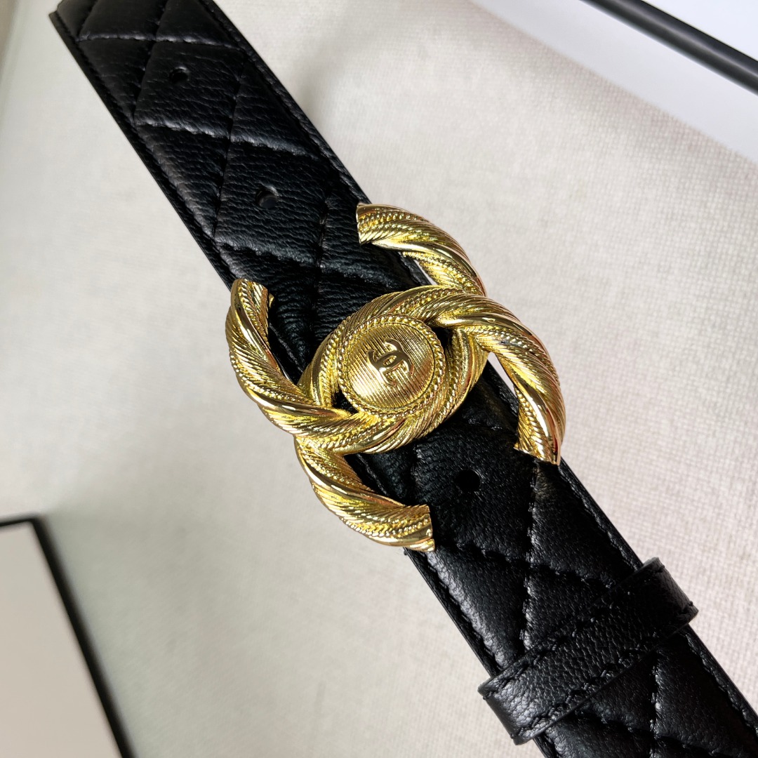 Chanel Gold Chain & Black Quilted Leather CC Belt